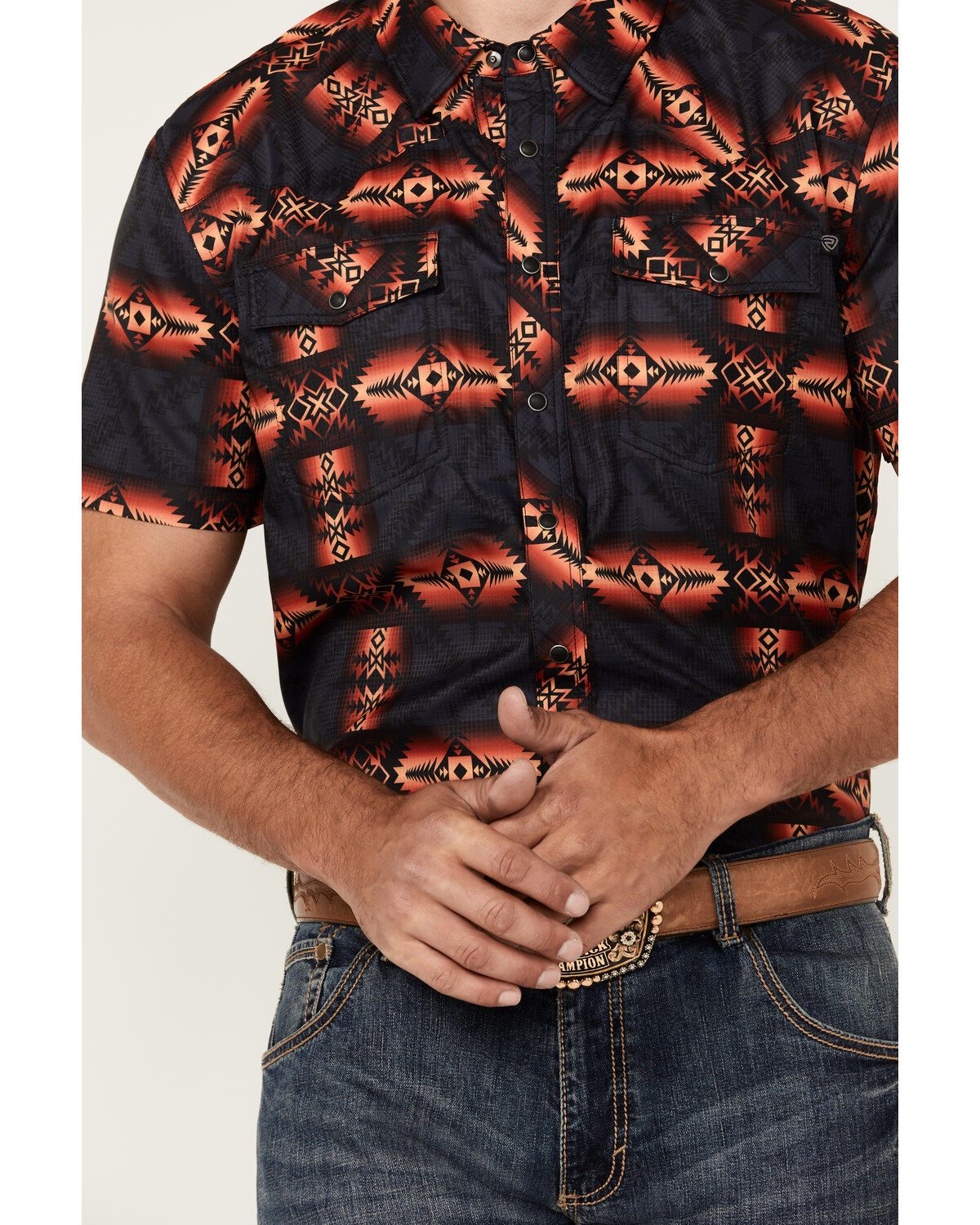 Image #3 - Rock & Roll Denim Men's Tek Southwestern Print Short Sleeve Snap Western Shirt, Orange, hi-res