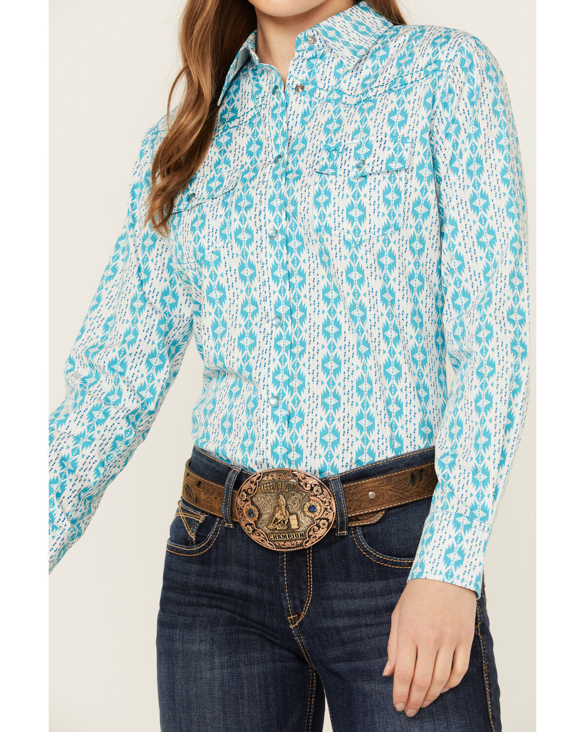 Image #3 - Cowgirl Hardware Women's Southwestern Print Long Sleeve Snap Western Shirt, Turquoise, hi-res