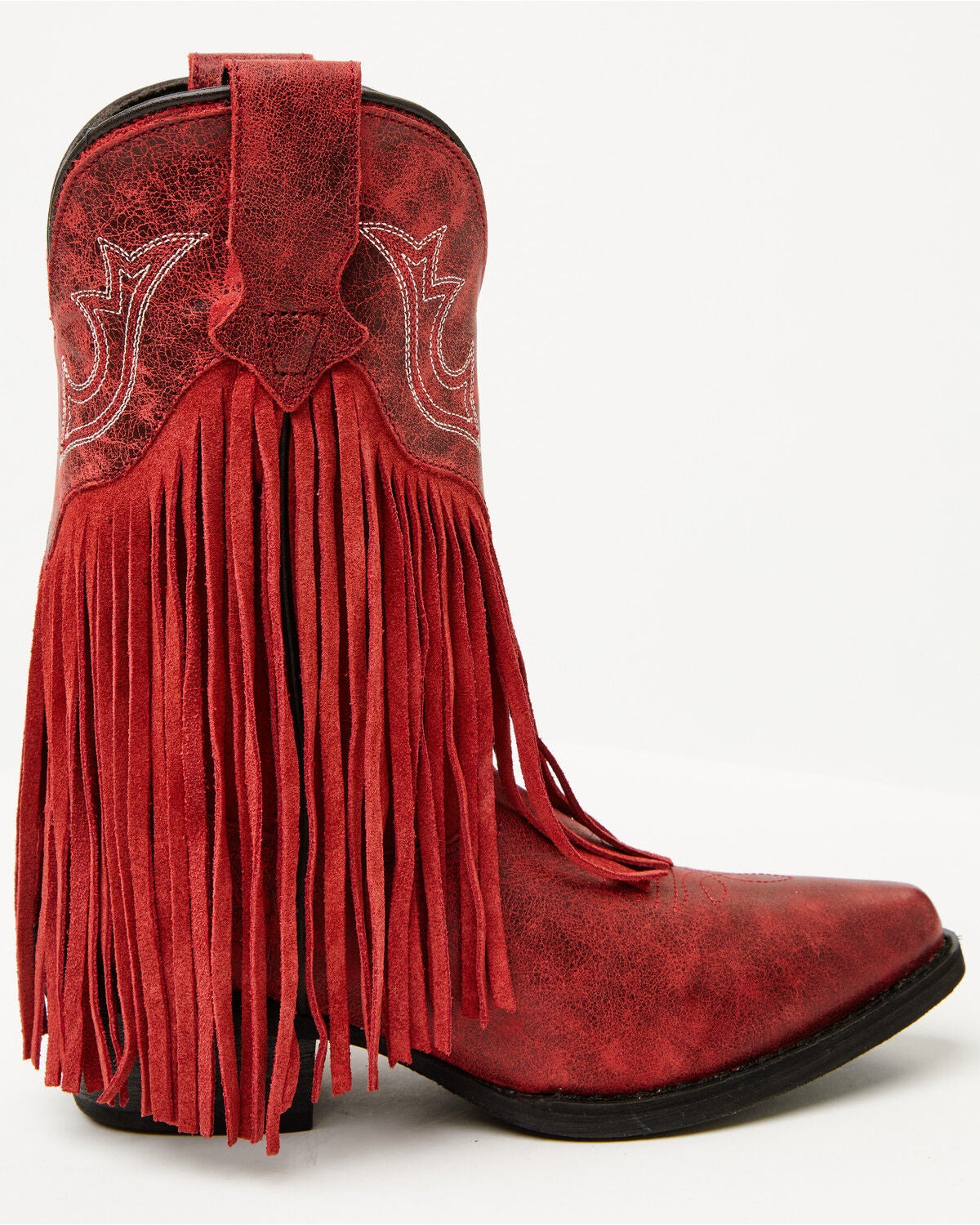 Image #2 - Dan Post Girls' Happy Trails Fringe Western Boots - Snip Toe, Red, hi-res