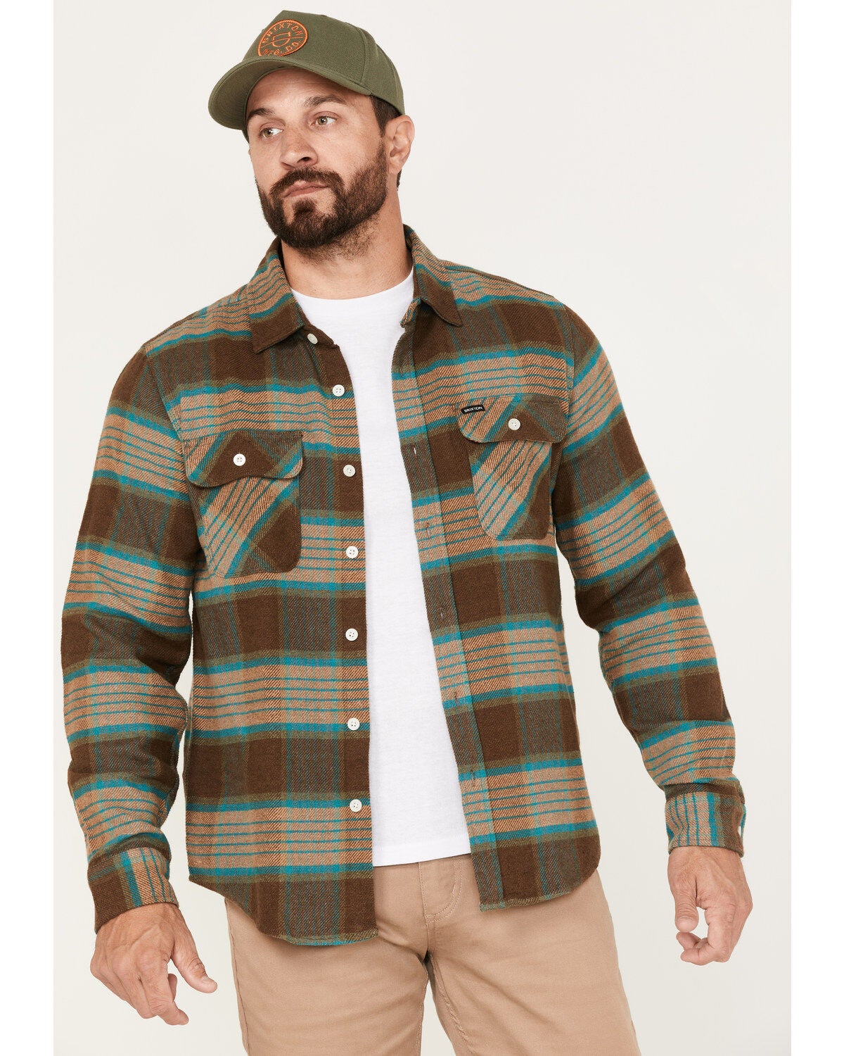 Brixton Men's Bowery Plaid Print Long Sleeve Button-Down Flannel Shirt, Olive, hi-res