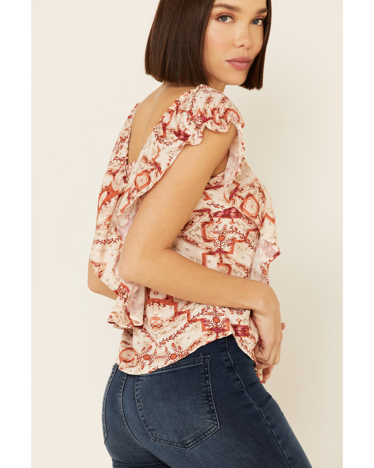 Image #4 - Shyanne Women's Tile Print Ruffle Sleeve Short Sleeve Top, , hi-res