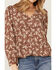 Very J Women's Cocoa Floral Print V-Neck Baby Doll Top, Brown, hi-res