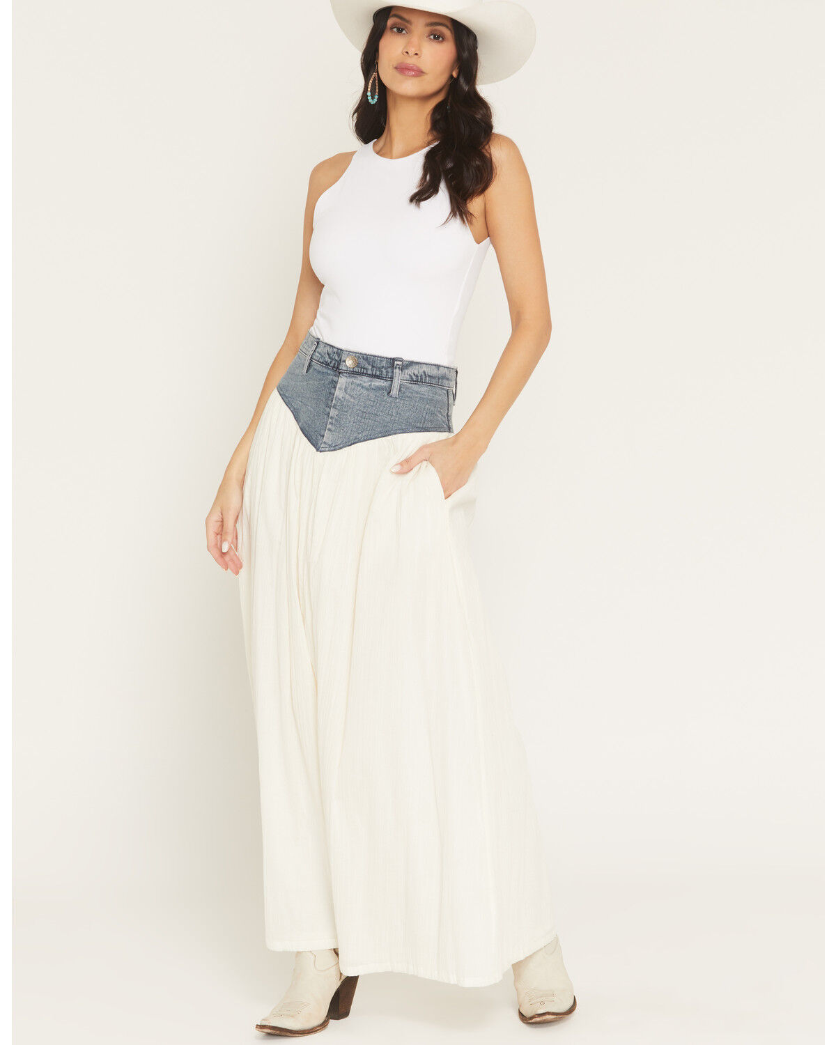 Image #1 - Show Me Your Mumu Women's Joni Denim Waistband Maxi Skirt, Cream, hi-res