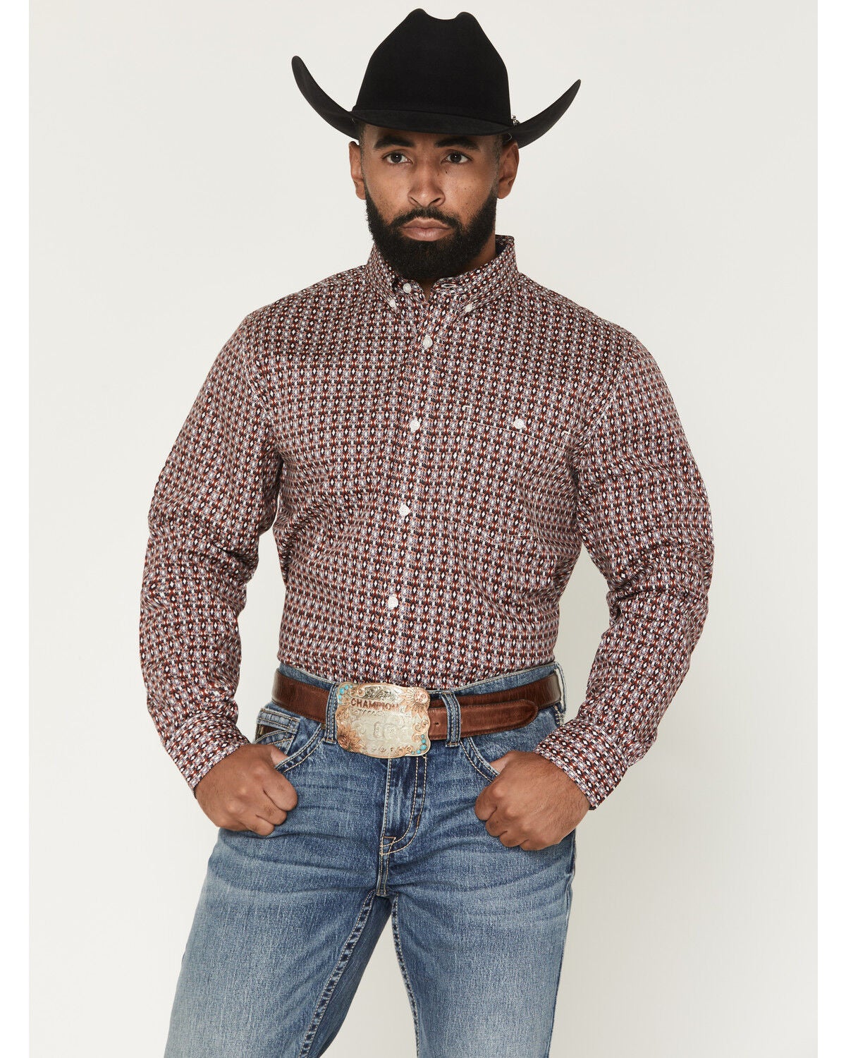 Image #1 - RANK 45&reg; Men's Sunburst Geo Print Long Sleeve Button-Down Western Shirt, Chilli, hi-res
