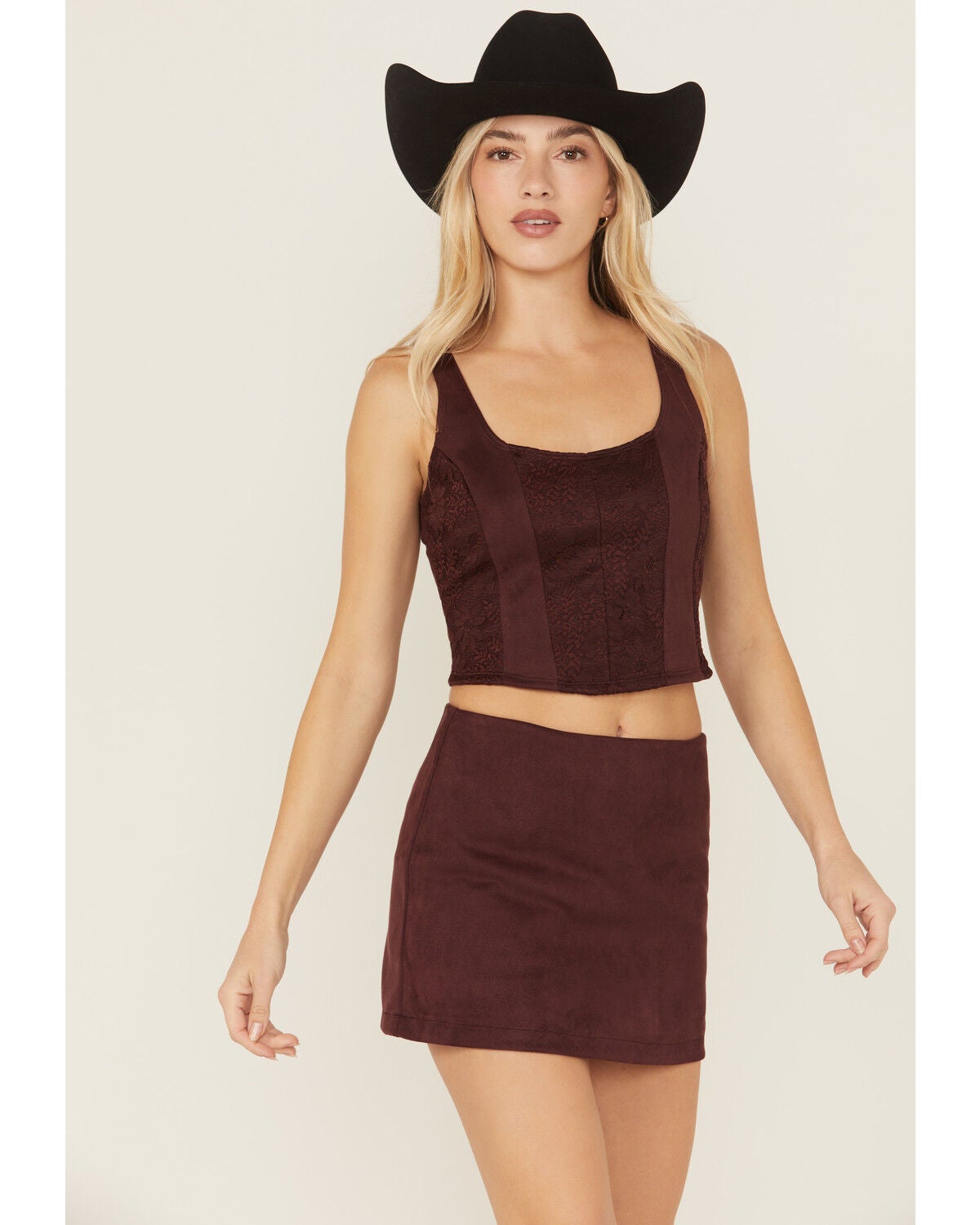 Shyanne Women's Faux Suede Lace Corset Top, Brown, hi-res