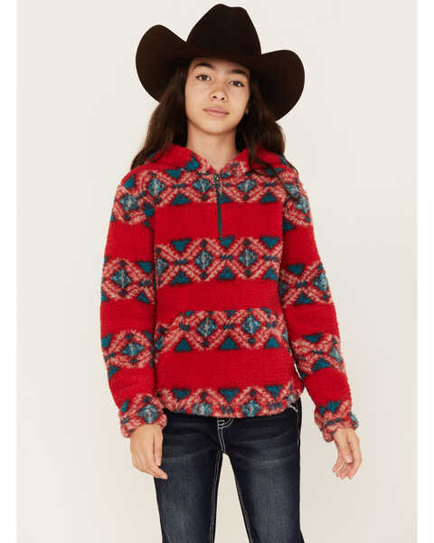 Cruel Girl Girls' Southwestern Print Plush Fleece Quarter Zip Pullover, Red, hi-res