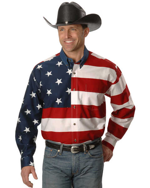 Roper Men's American Flag Long Sleeve Western Shirt, White, hi-res