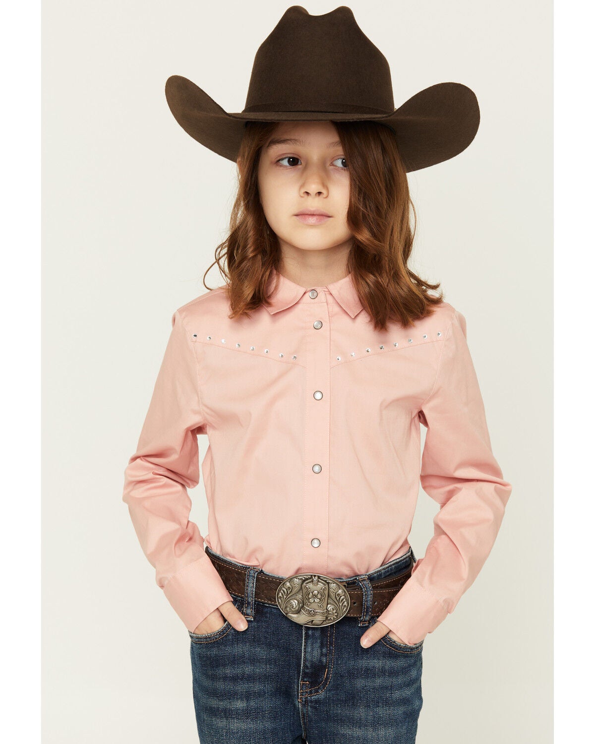 Shyanne Girls' Solid Rhinestone Fringe Long Sleeve Pearl Snap Stretch Western Shirt, Light Pink, hi-res