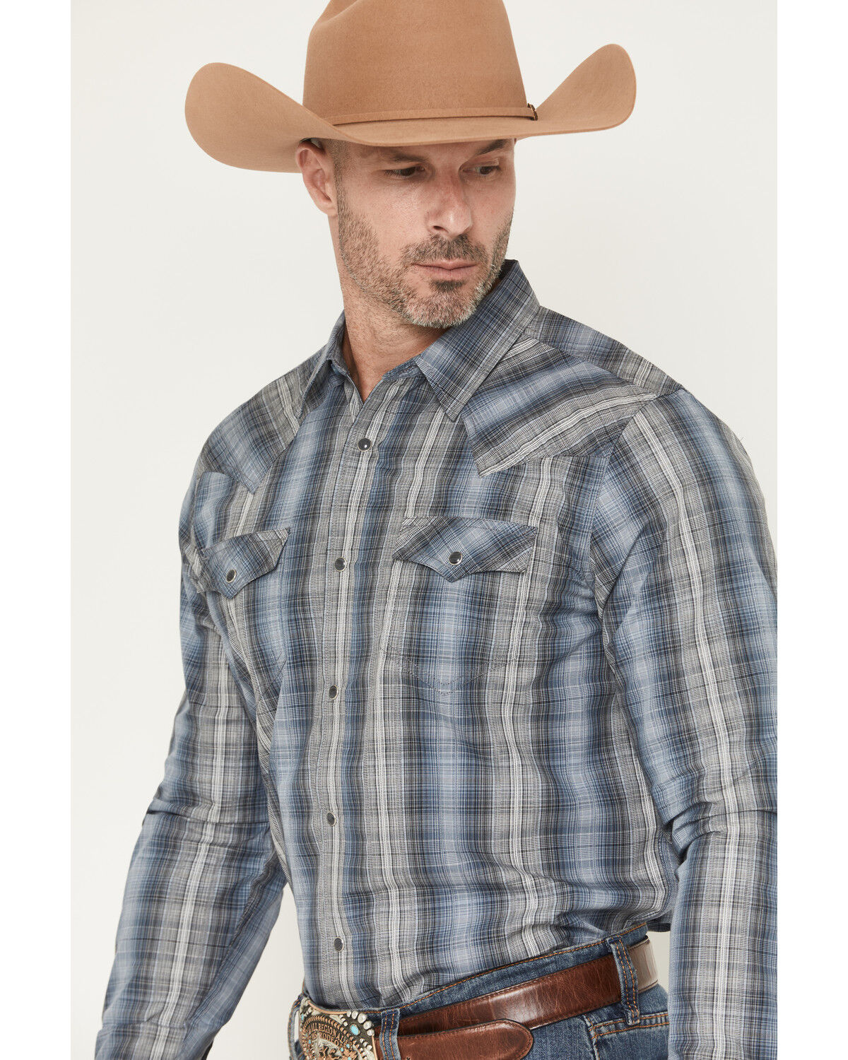Image #2 - Cody James Men's Wild Creek Plaid Print Long Sleeve Snap Western Shirt, Blue, hi-res