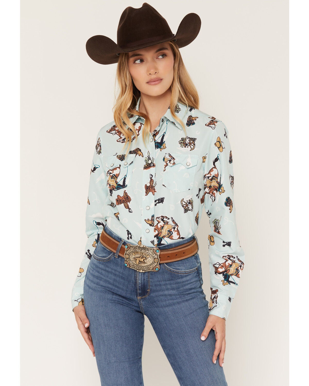 Cruel Girl Women's Horse Conversational Print Long Sleeve Snap Western Shirt, Light Blue, hi-res