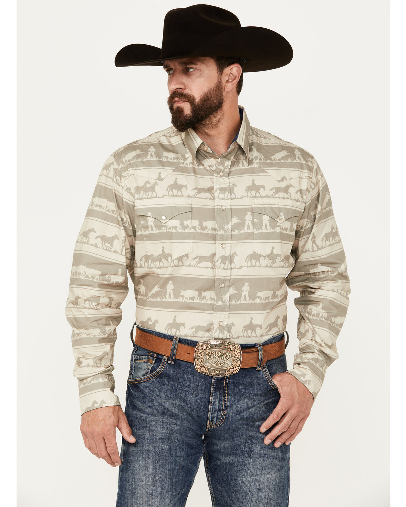 Roper Men s Vintage Horse Cow Striped Print Long Sleeve Pearl Snap Western Shirt