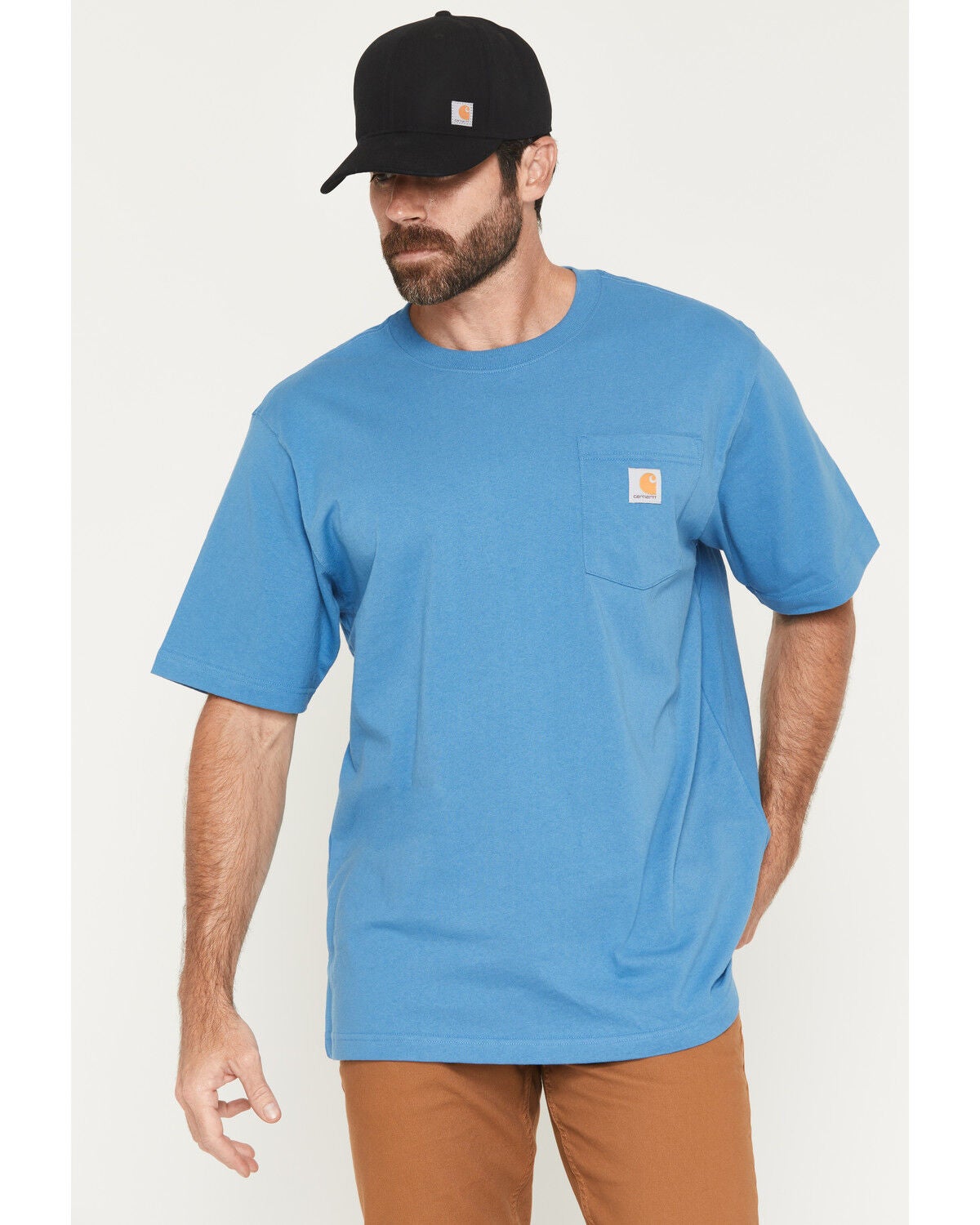 Carhartt Men's Loose Fit Heavyweight Logo Pocket Work T-Shirt, Blue, hi-res