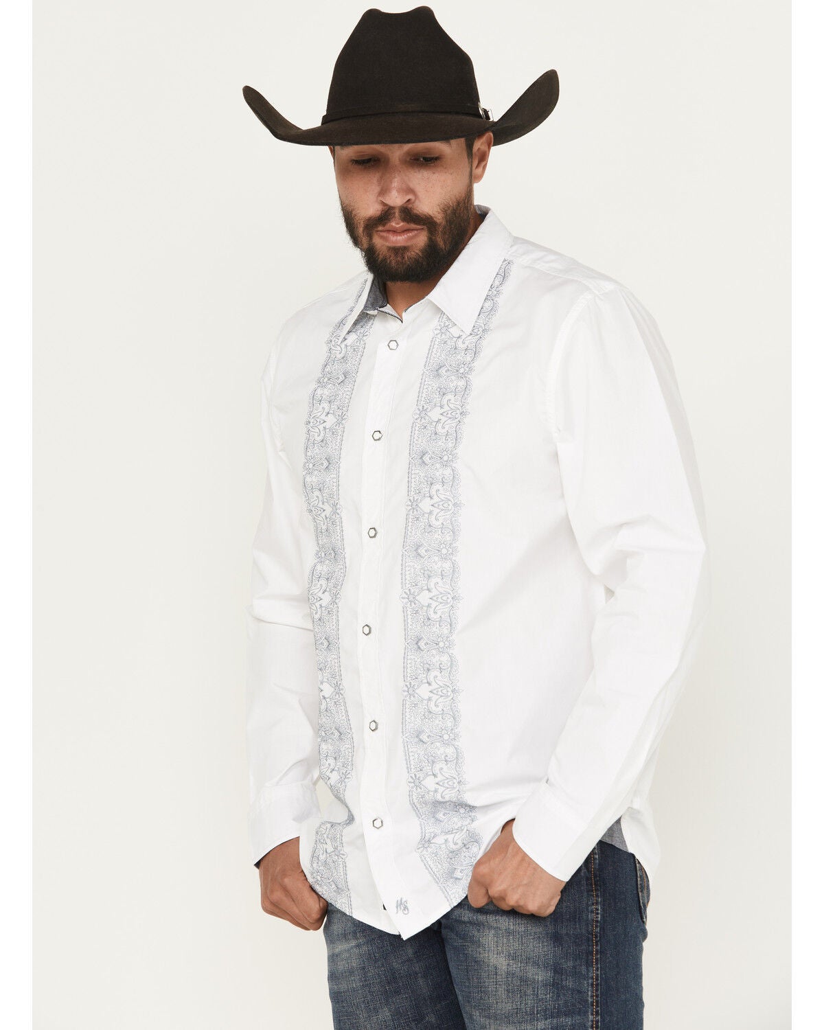 Moonshine Spirit Men's Heart Embroidered Long Sleeve Snap Western Shirt, White, hi-res