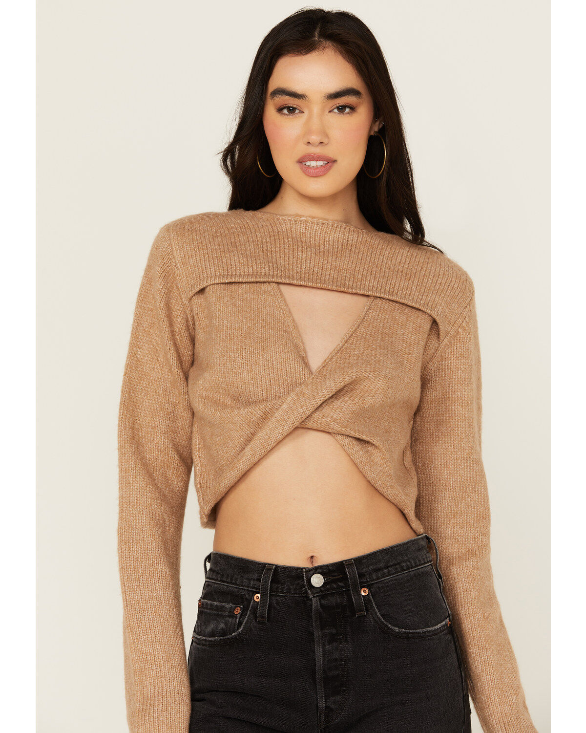 Image #3 - Cleo + Wolf Women's Reversible Cut Out Cropped Sweater, Bark, hi-res