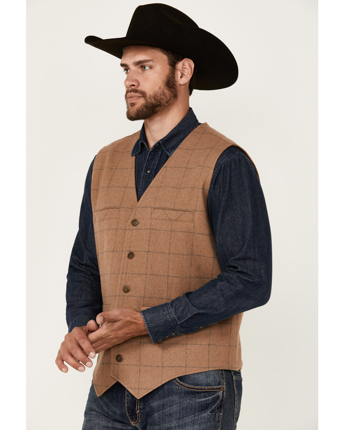 Image #2 - Powder River Outfitters Men's Plaid Print Wool Vest, Tan, hi-res