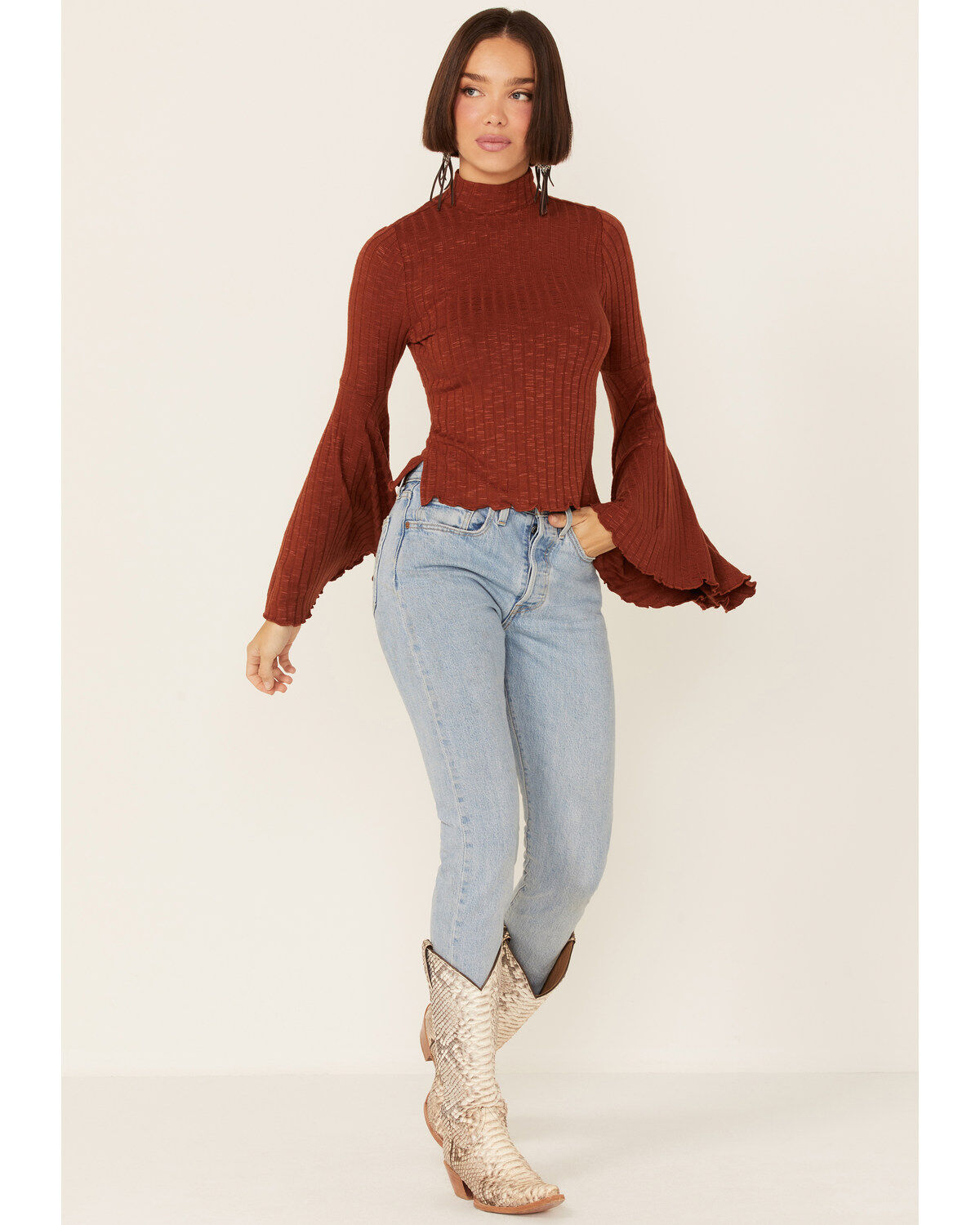 Image #4 - Shyanne Women's Rib Knit Mock Neck Bell Sleeve Top, , hi-res