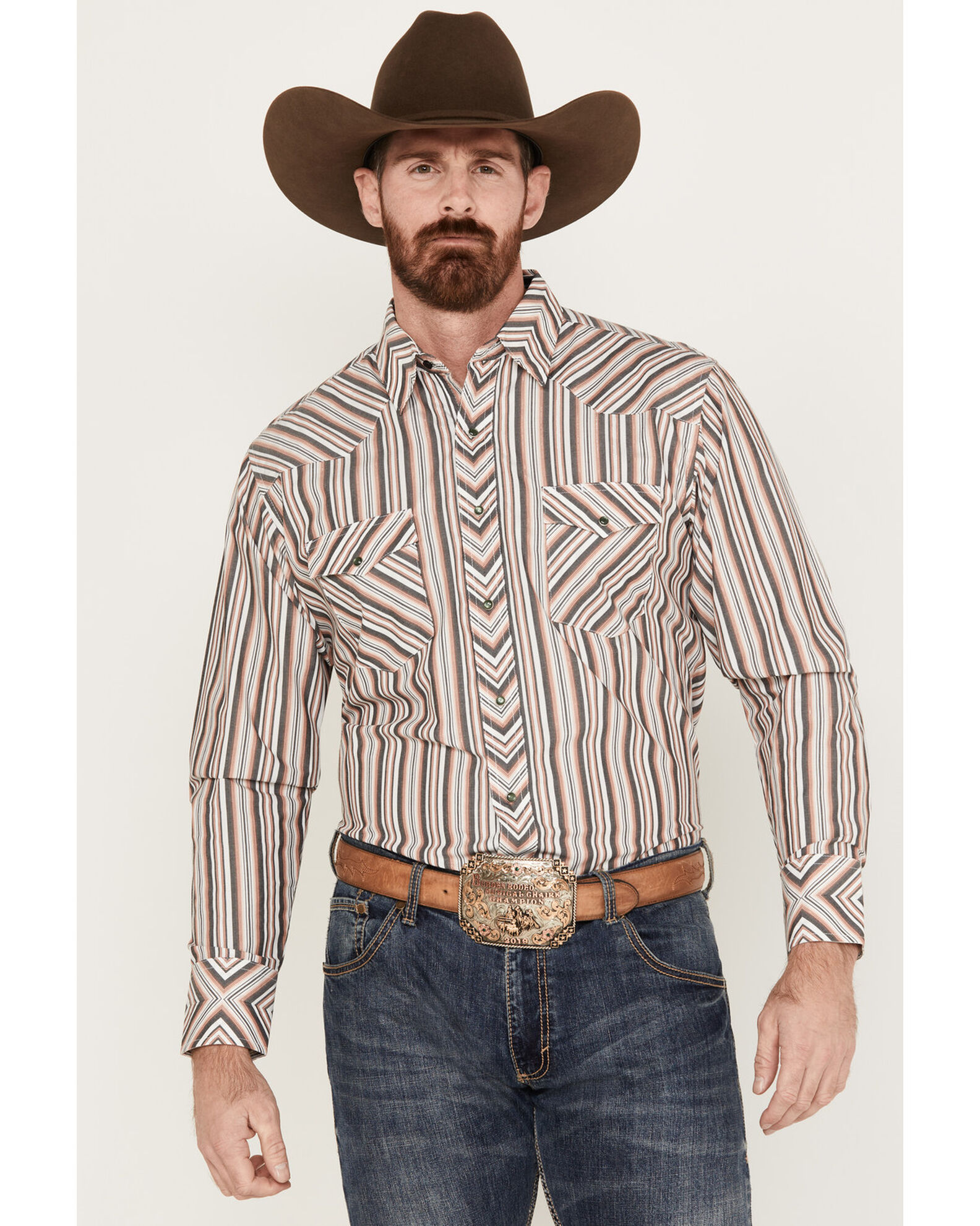 Product Name Wrangler Men s Silver Edition Striped Print Long Sleeve Pearl Snap Western Shirt