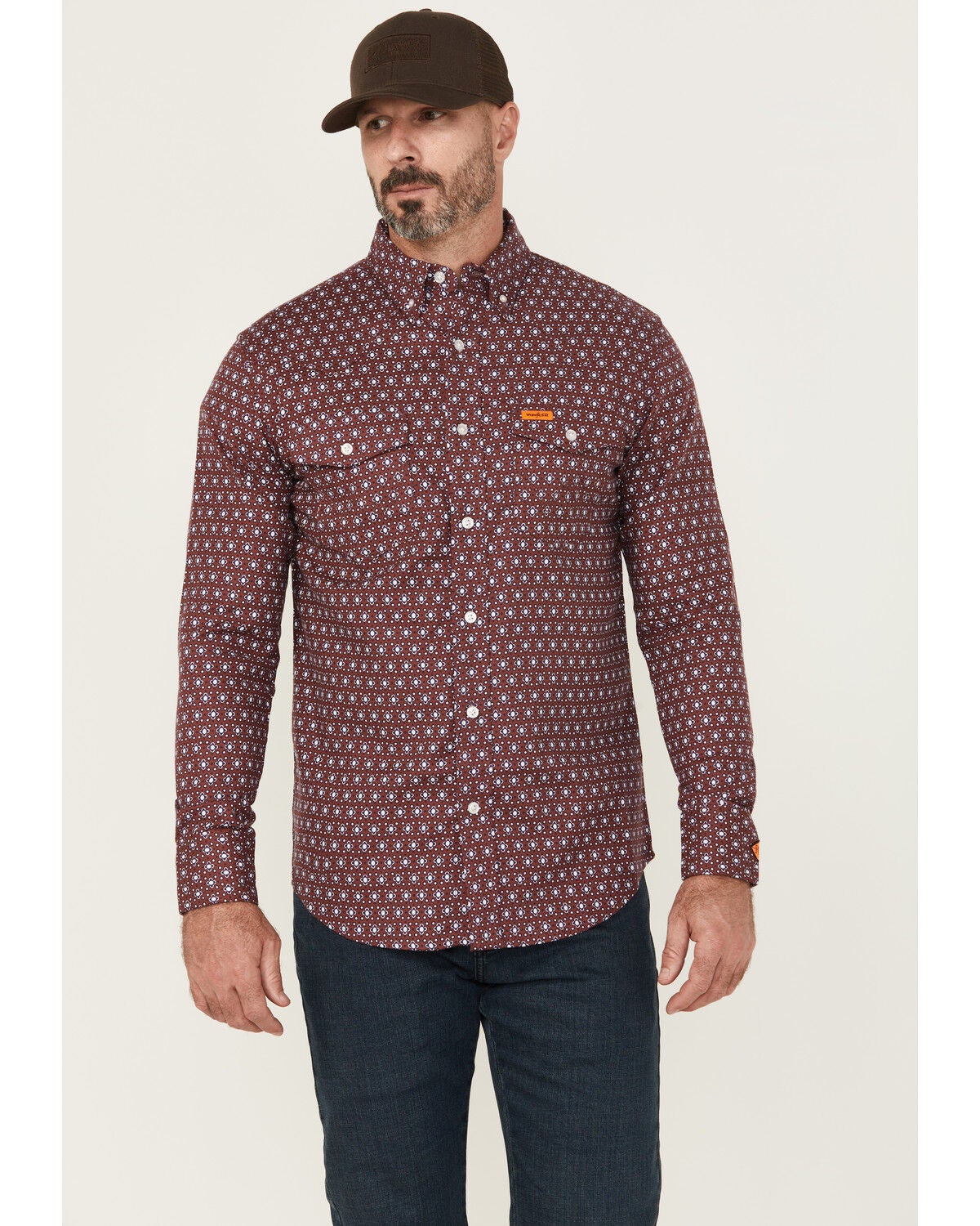 Wrangler Men's FR Geo Print Long Sleeve Button-Down Work Shirt, Red, hi-res