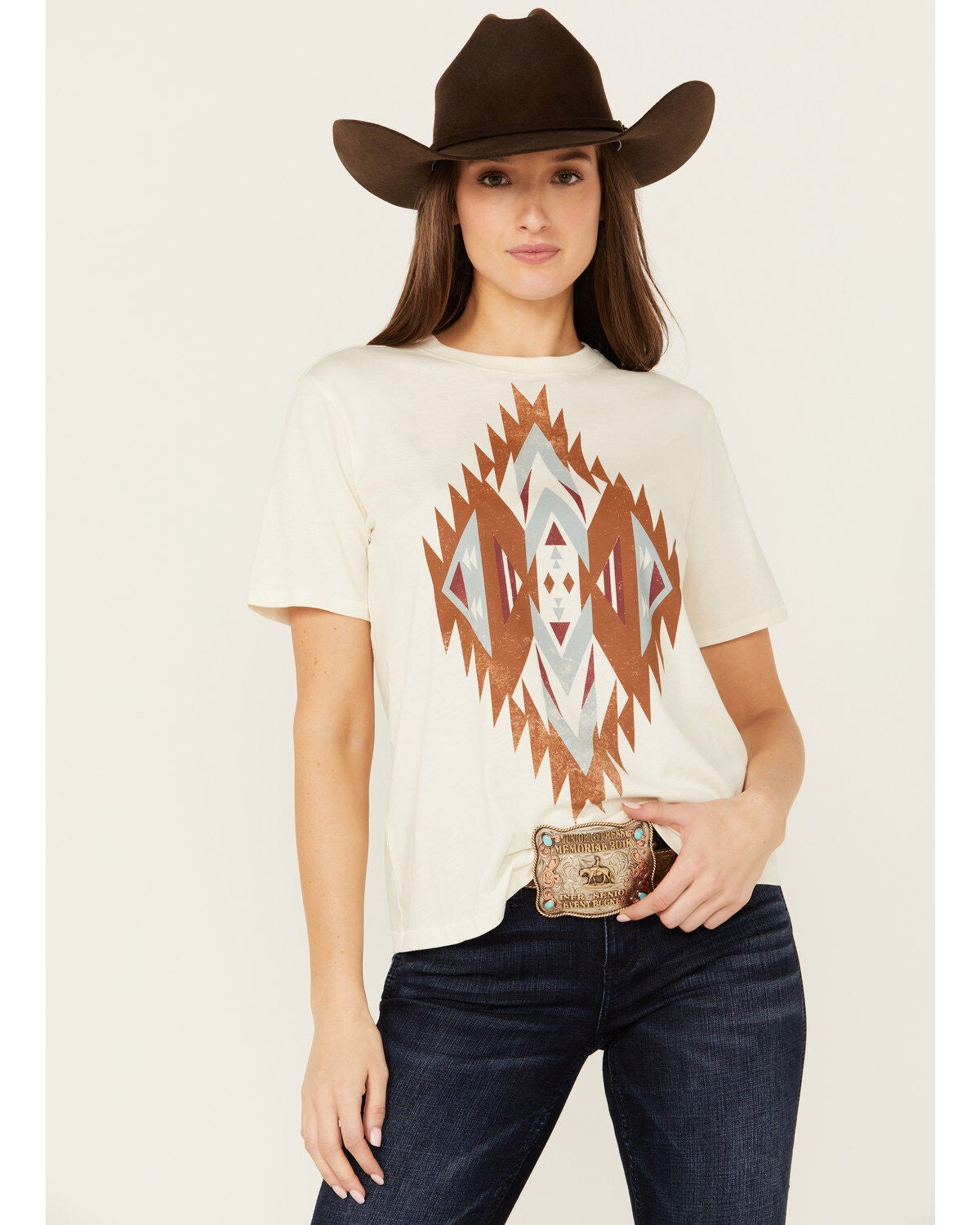 Shyanne Women's Sundance Southwestern Print Short Sleeve Boyfriend Graphic Tee, Cream, hi-res