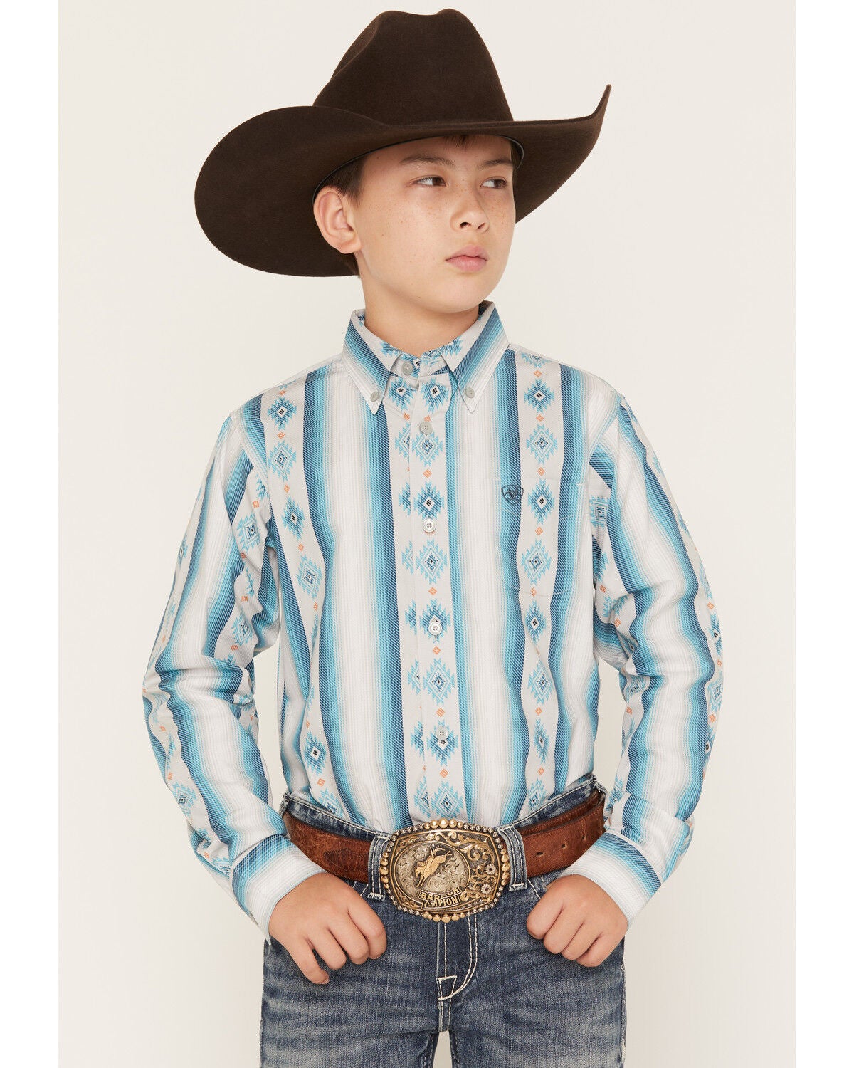 Image #1 - Ariat Boys' Southwestern Serape Striped Long Sleeve Button-Down Western Shirt, Grey, hi-res