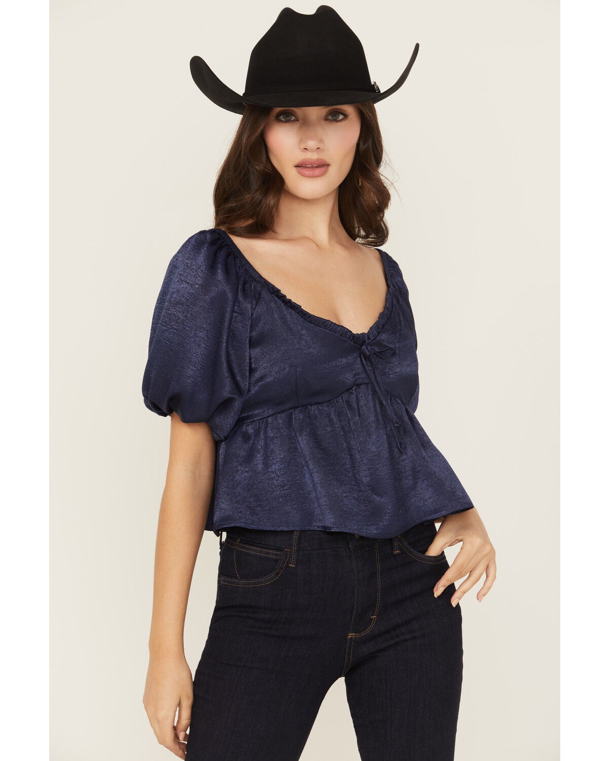 Shyanne Women's Solid Puff Sleeve Top, Navy, hi-res