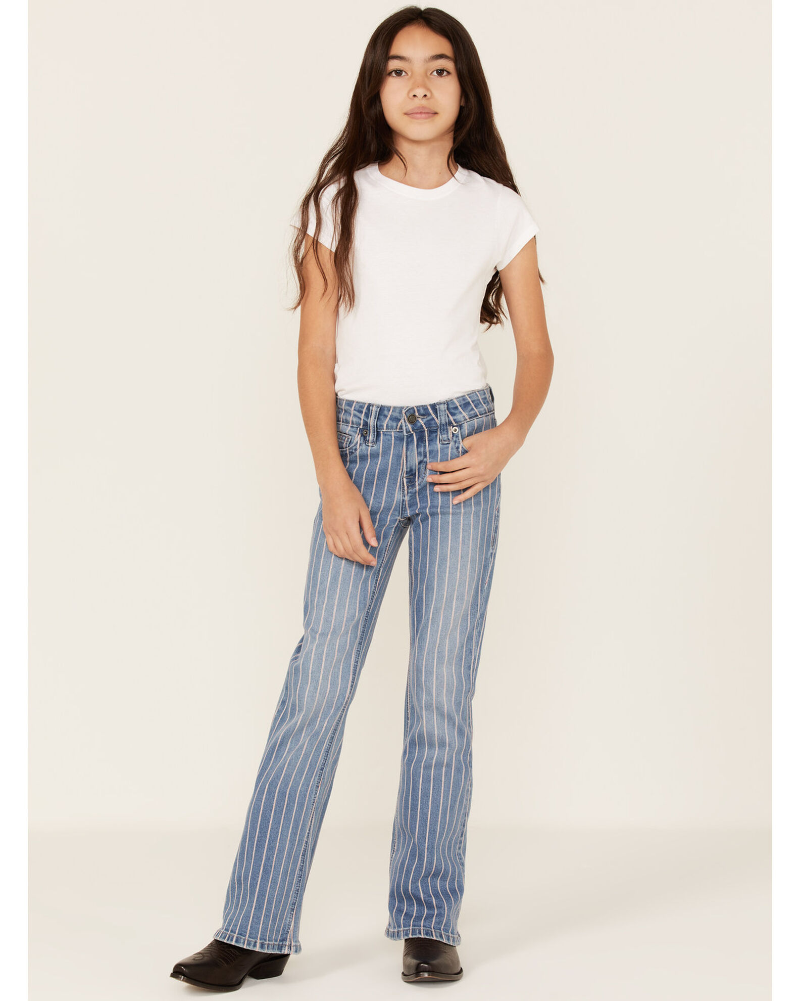 Rock Roll Denim Girls Striped Medium Wash Trouser Bootcut Jeans