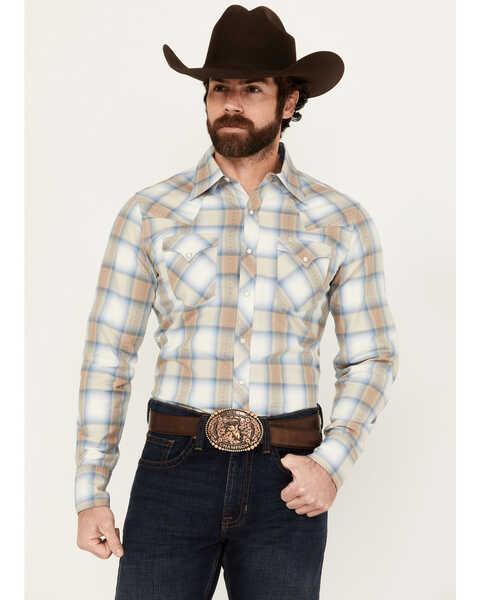 Stetson Men's Dobby Plaid Print Long Sleeve Snap Western Shirt , Tan, hi-res