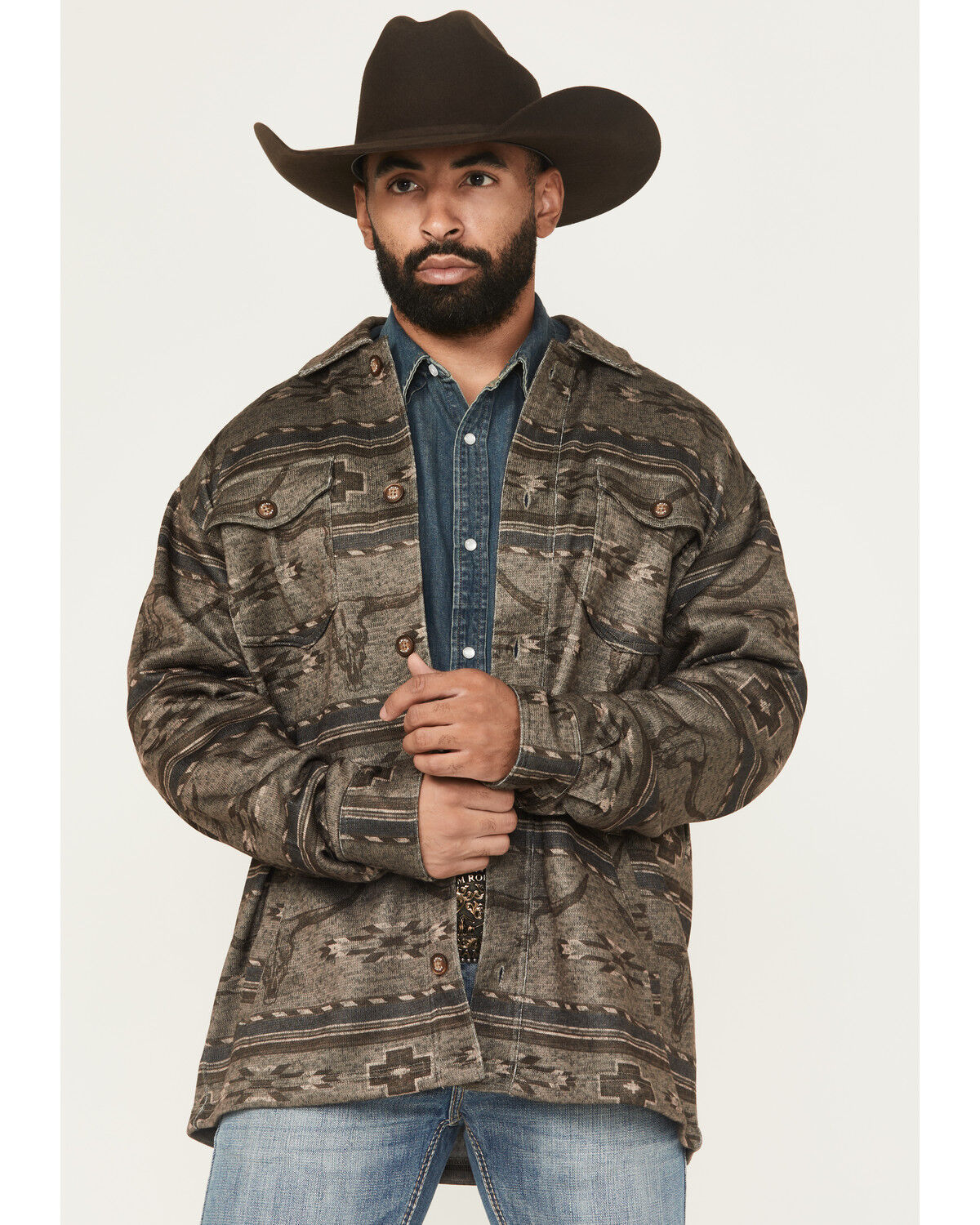 Image #1 - Ariat Men's Caldwell Southwestern Print Long Sleeve Button-Down Shirt Jacket, Brown, hi-res