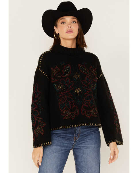 Shyanne Women's Paisley Knit Turtleneck Sweater, Black, hi-res