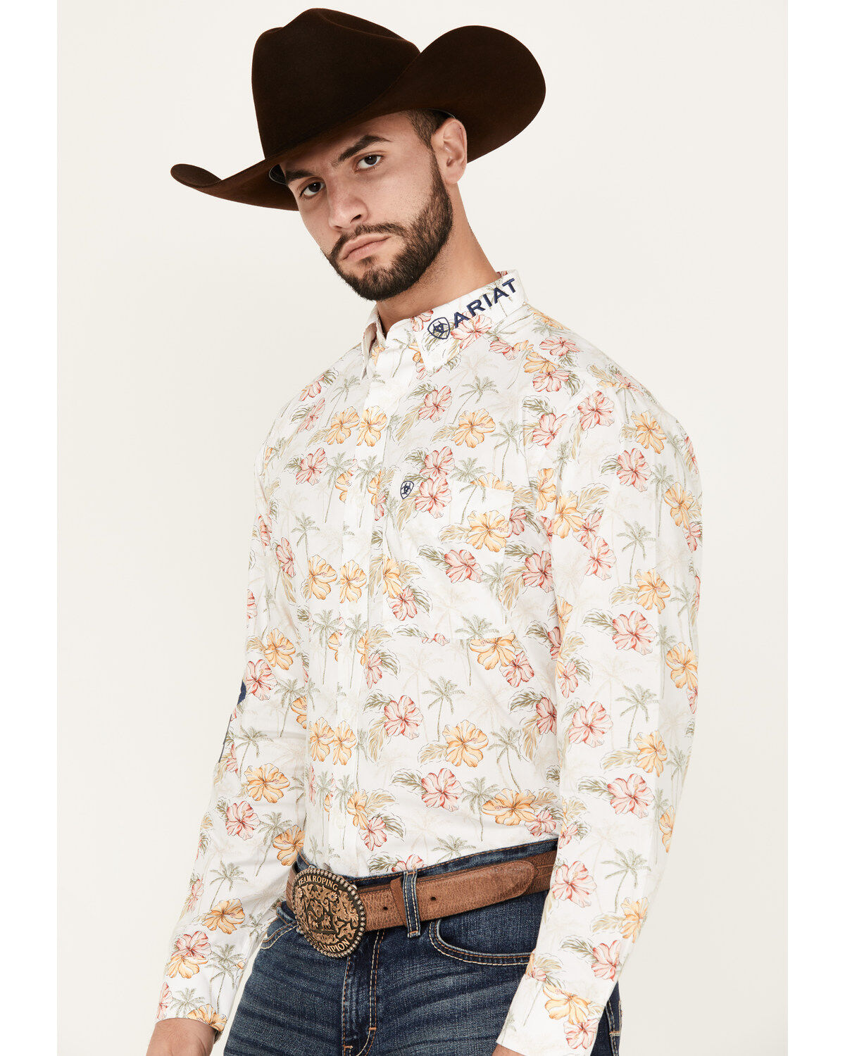 Image #2 - Ariat Men's Team Charlie Floral Print Logo Long Sleeve Button-Down Western Shirt - Tall, Natural, hi-res