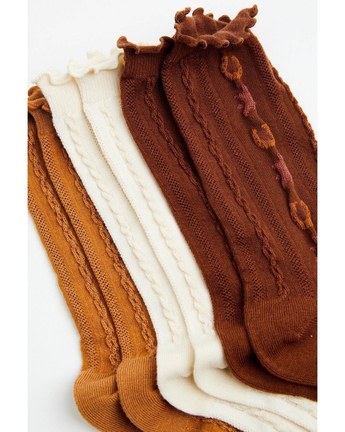 Image #2 - Boot Barn Women's Pointelle Novelty Trim Crew Socks - 3 Pack, Brown, hi-res