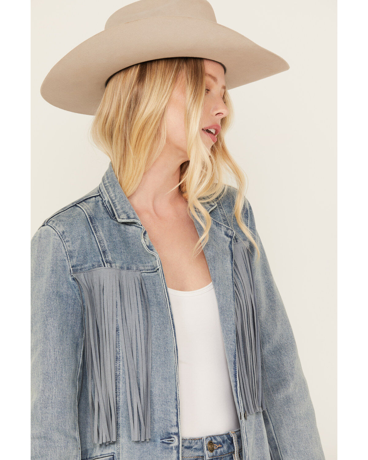 Image #2 - Rock & Roll Denim Women's Light Wash Denim Stretch Fringe Blazer, , hi-res