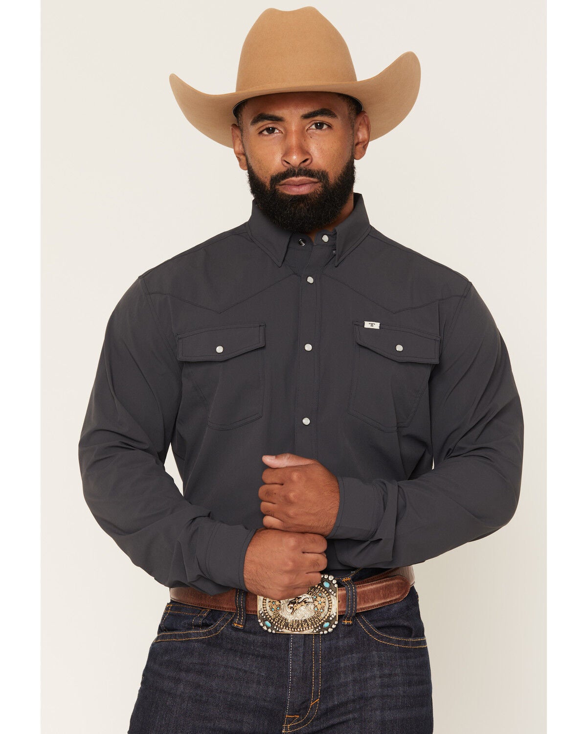 Ferrell Men's Tek Solid Long Sleeve Snap Performance Western Shirt, Charcoal, hi-res