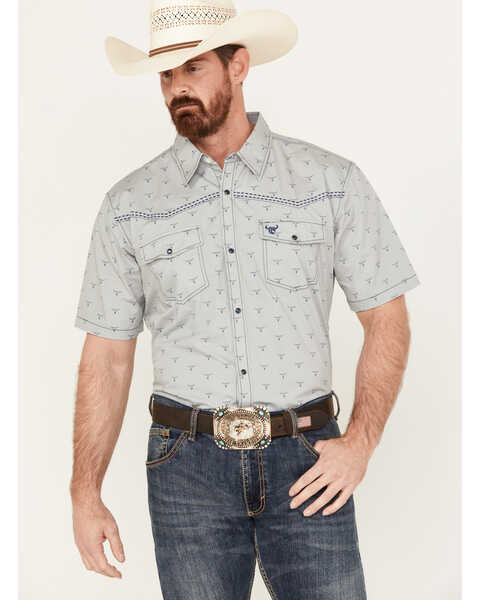 Cowboy Hardware Men's All Over Skull Short Sleeve Western Snap Shirt, Light Grey, hi-res