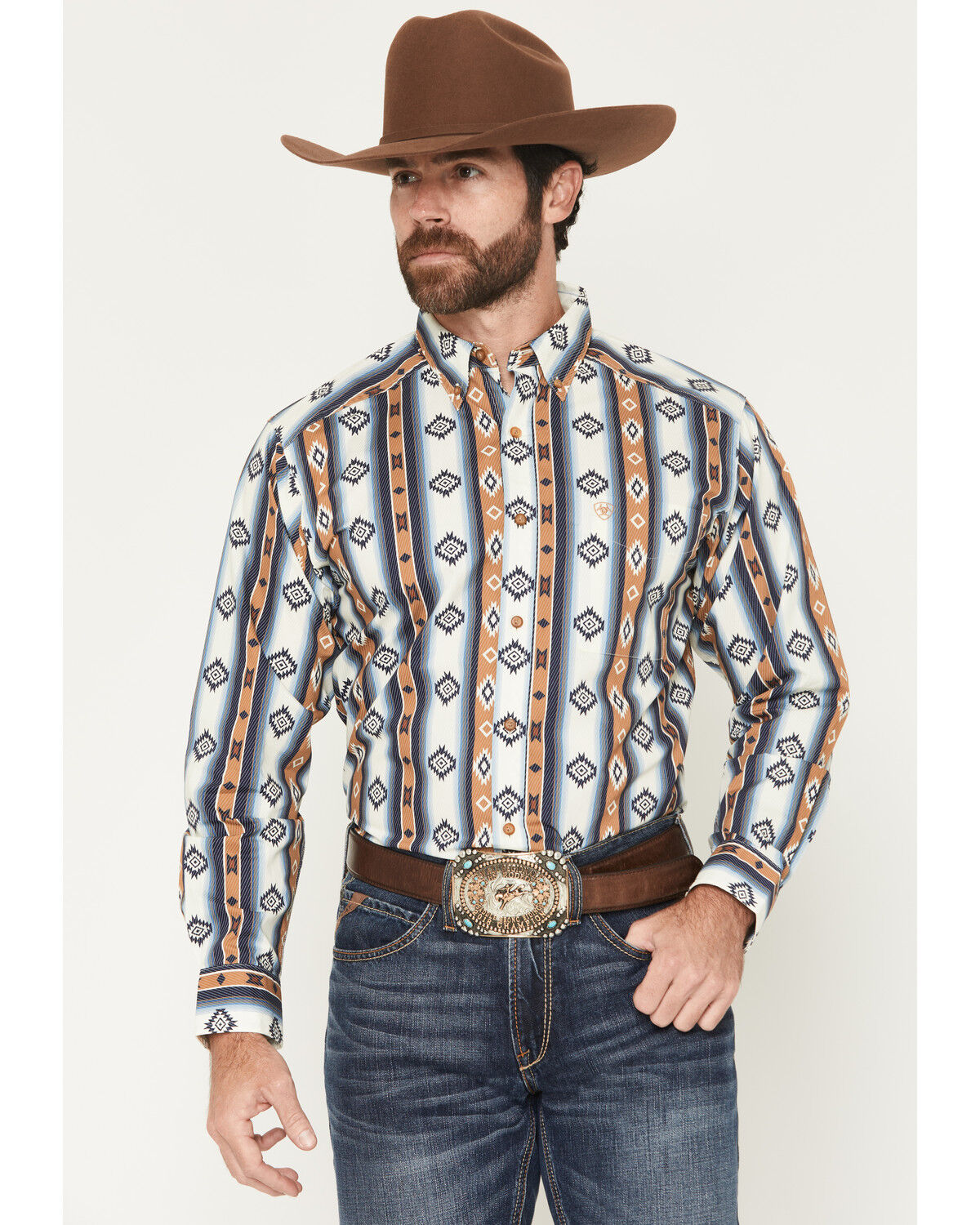 Image #1 - Ariat Men's Shilo Southwestern Print Long Sleeve Button-Down Western Shirt, Blue, hi-res