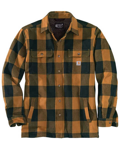 Carhartt Men's Relaxed Fit Heavyweight Flannel Long Sleeve Snap-Down Work Shirt Jacket , Brown, hi-res