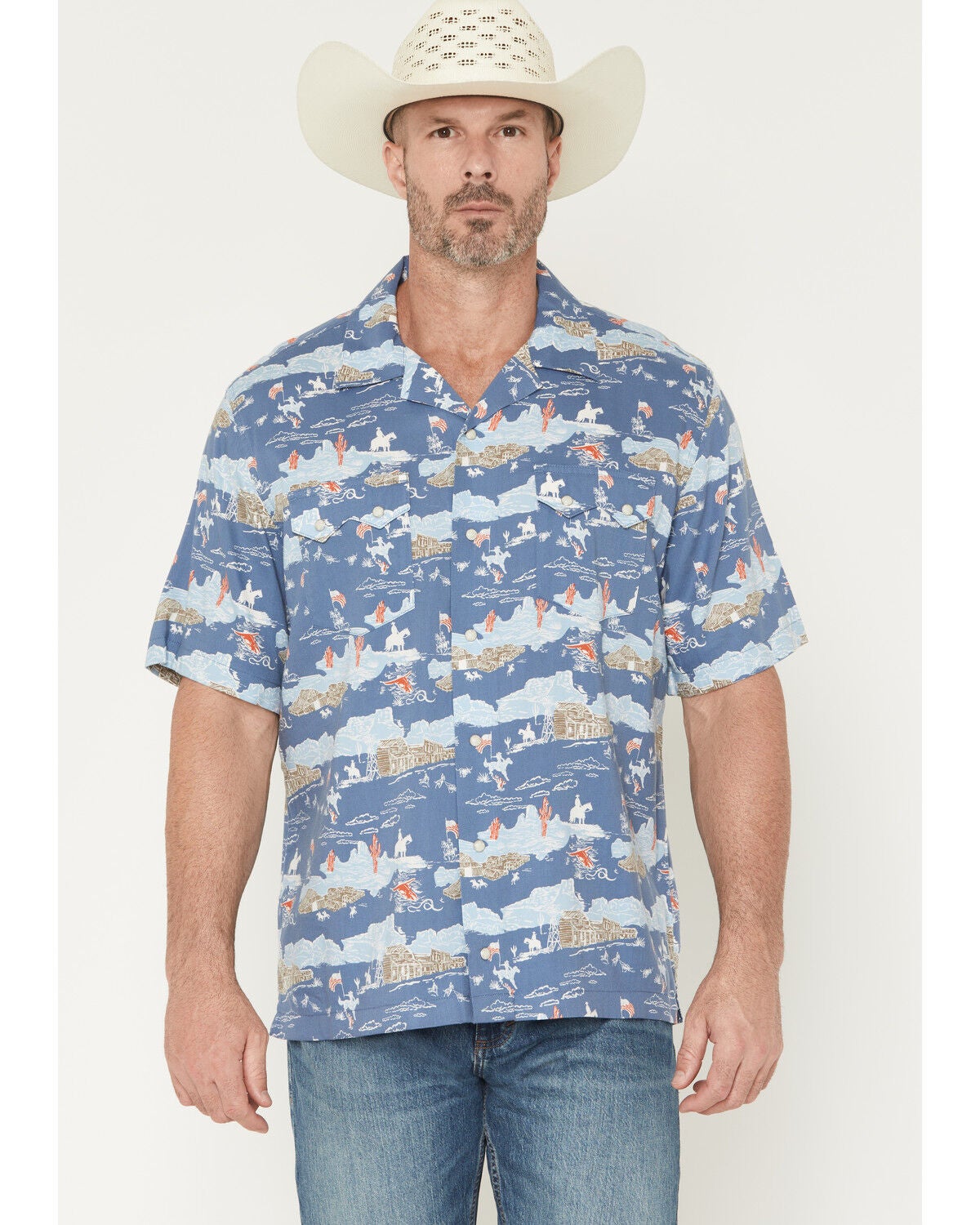 Image #1 - Wrangler Men's Coconut Cowboy Conversation Print Short Sleeve Snap Western Shirt, Blue, hi-res