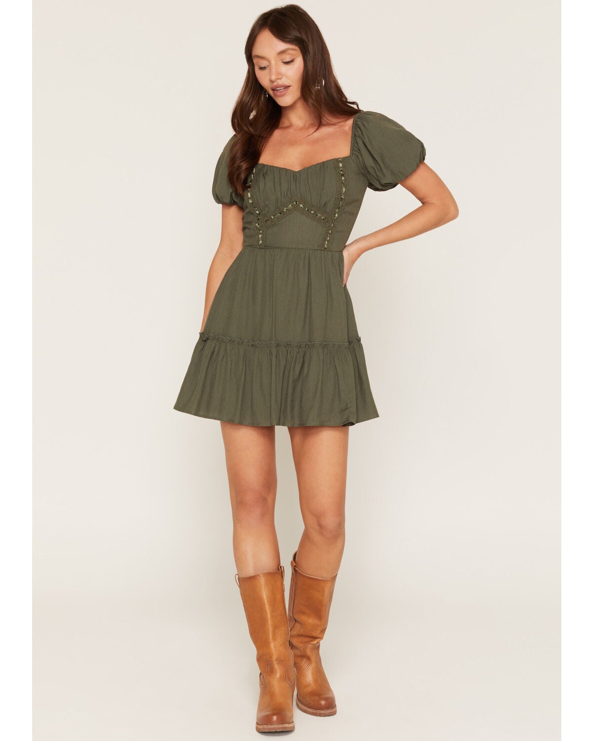 Image #2 - Trixxi Women's Ribbon Trim Short Sleeve Mini Dress, Green, hi-res