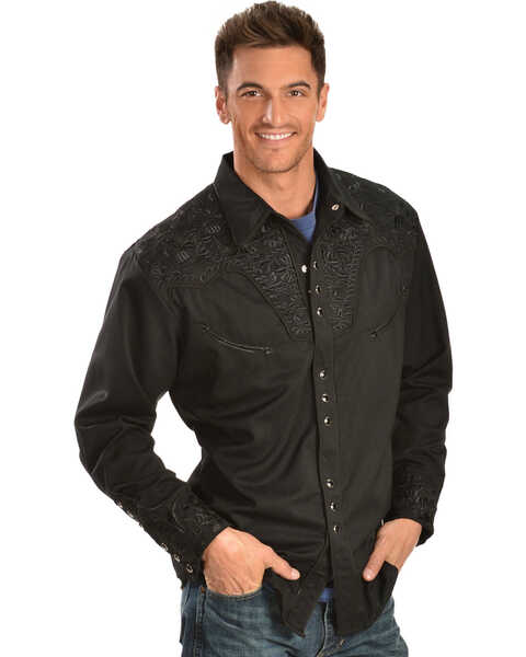 Scully Floral Embroidery Black Retro Western Shirt - Big & Tall, Jet, hi-res