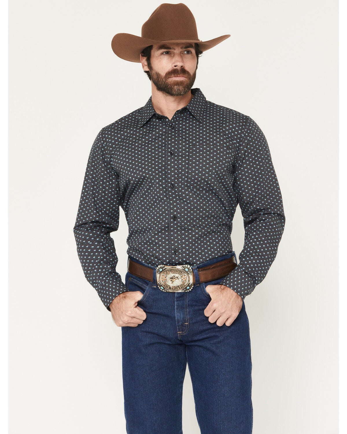 Gibson Trading Co Men's Moonflower Floral Geo Print Long Sleeve Button-Down Western Shirt, Black, hi-res