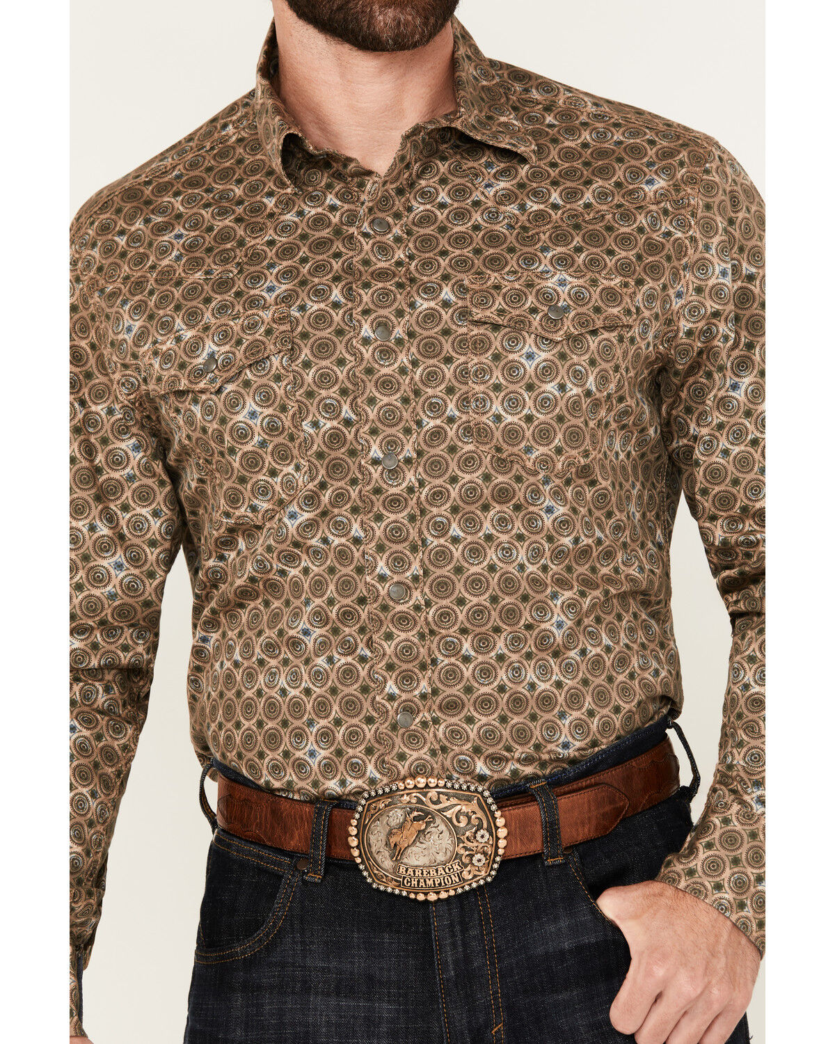 Image #3 - Wrangler Retro Men's Medallion Print Long Sleeve Snap Western Shirt, Brown, hi-res