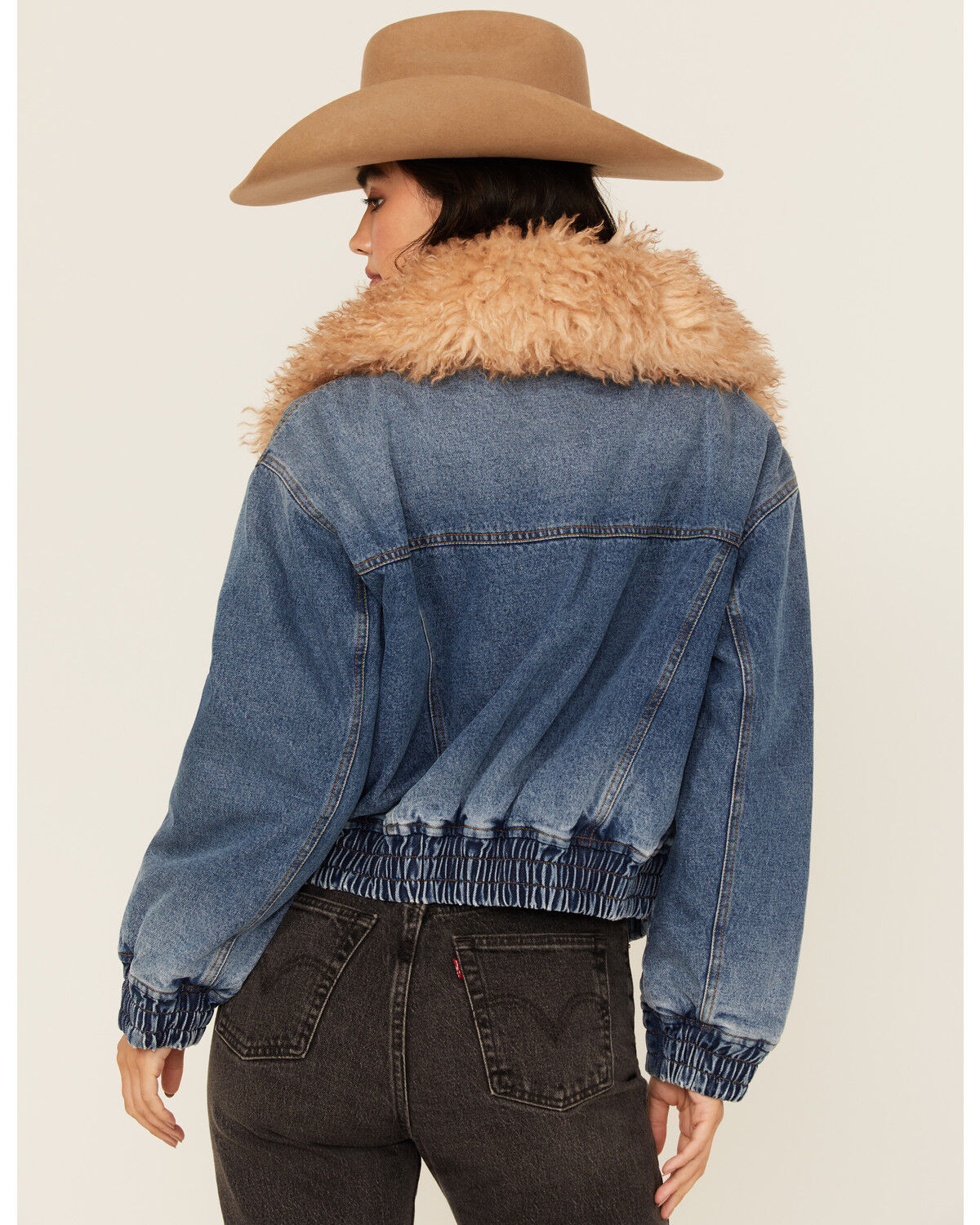 Image #4 - BLANKNYC Women's Fur Collar Denim Bomber Jacket, Medium Wash, hi-res