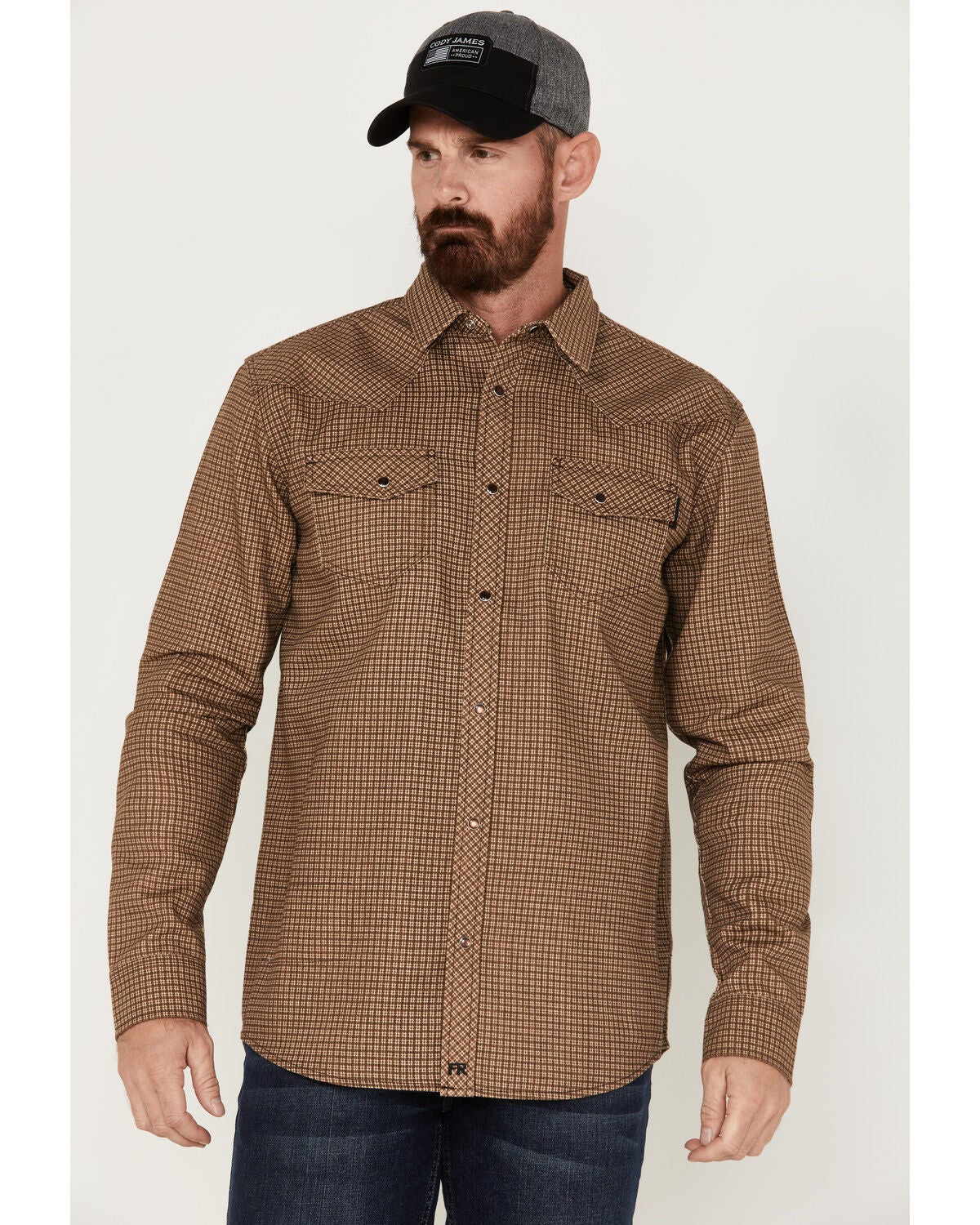 Cody James Men's FR Long Sleeve Snap Western Work Shirt, Brown, hi-res
