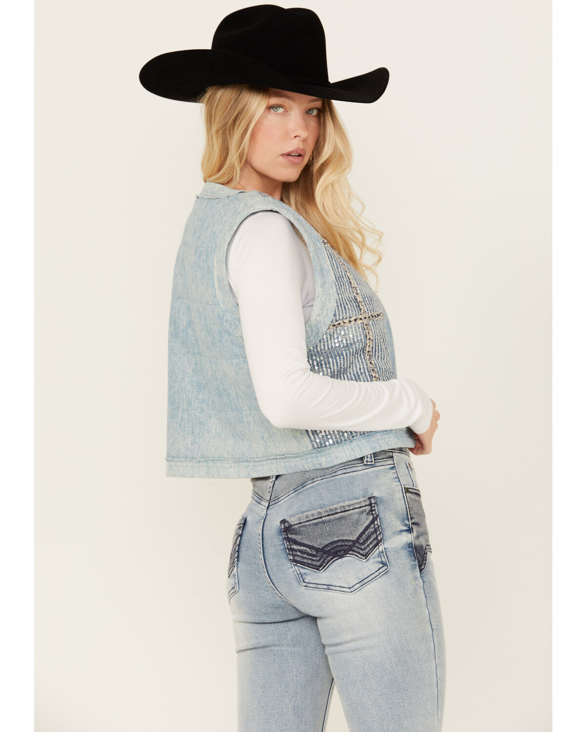 Image #4 - Miss Me Women's Denim Sequins Plaid Vest, Medium Blue, hi-res