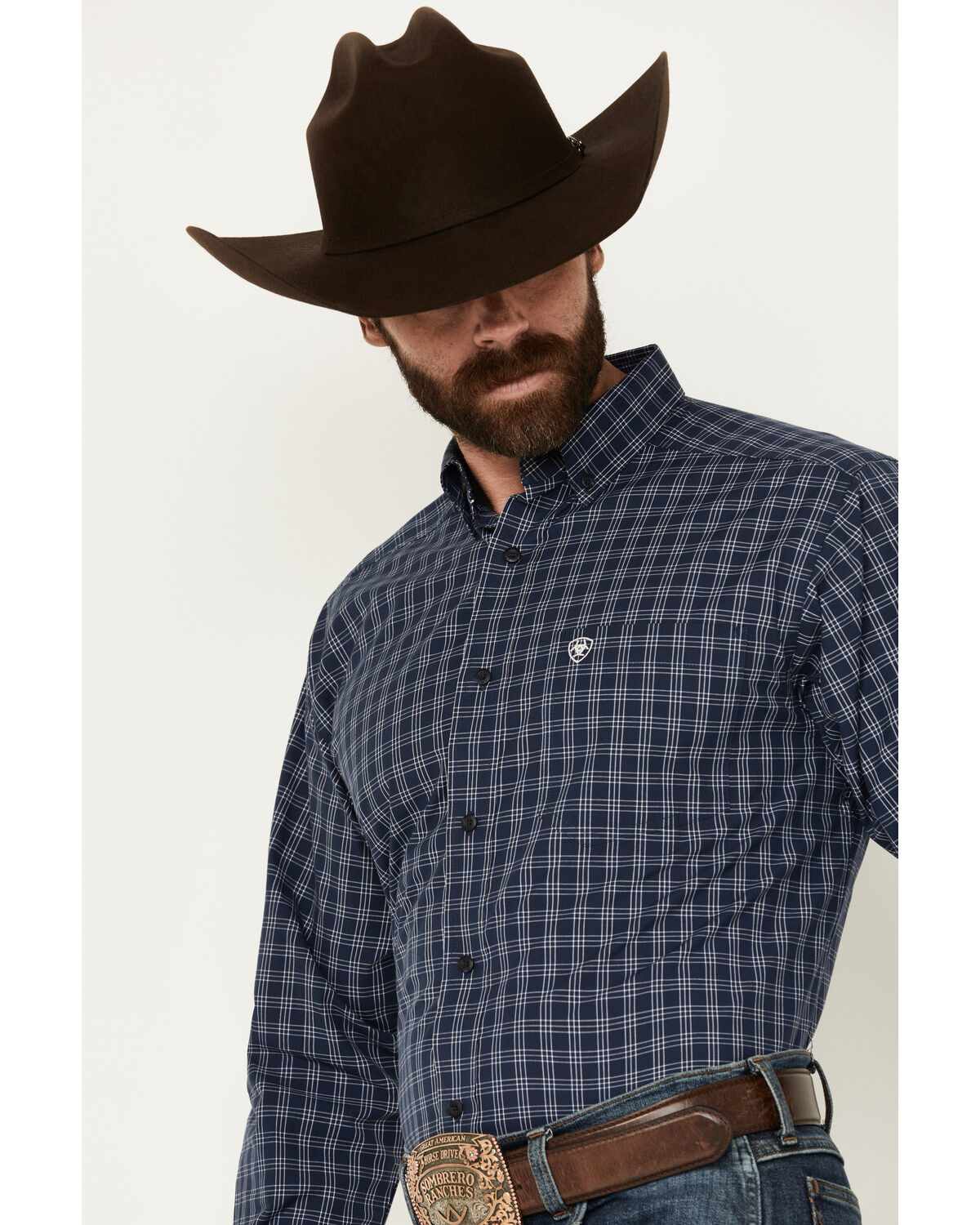 Image #2 - Ariat Men's Prestcot Windowpane Plaid Print Long Sleeve Performance Shirt, Navy, hi-res