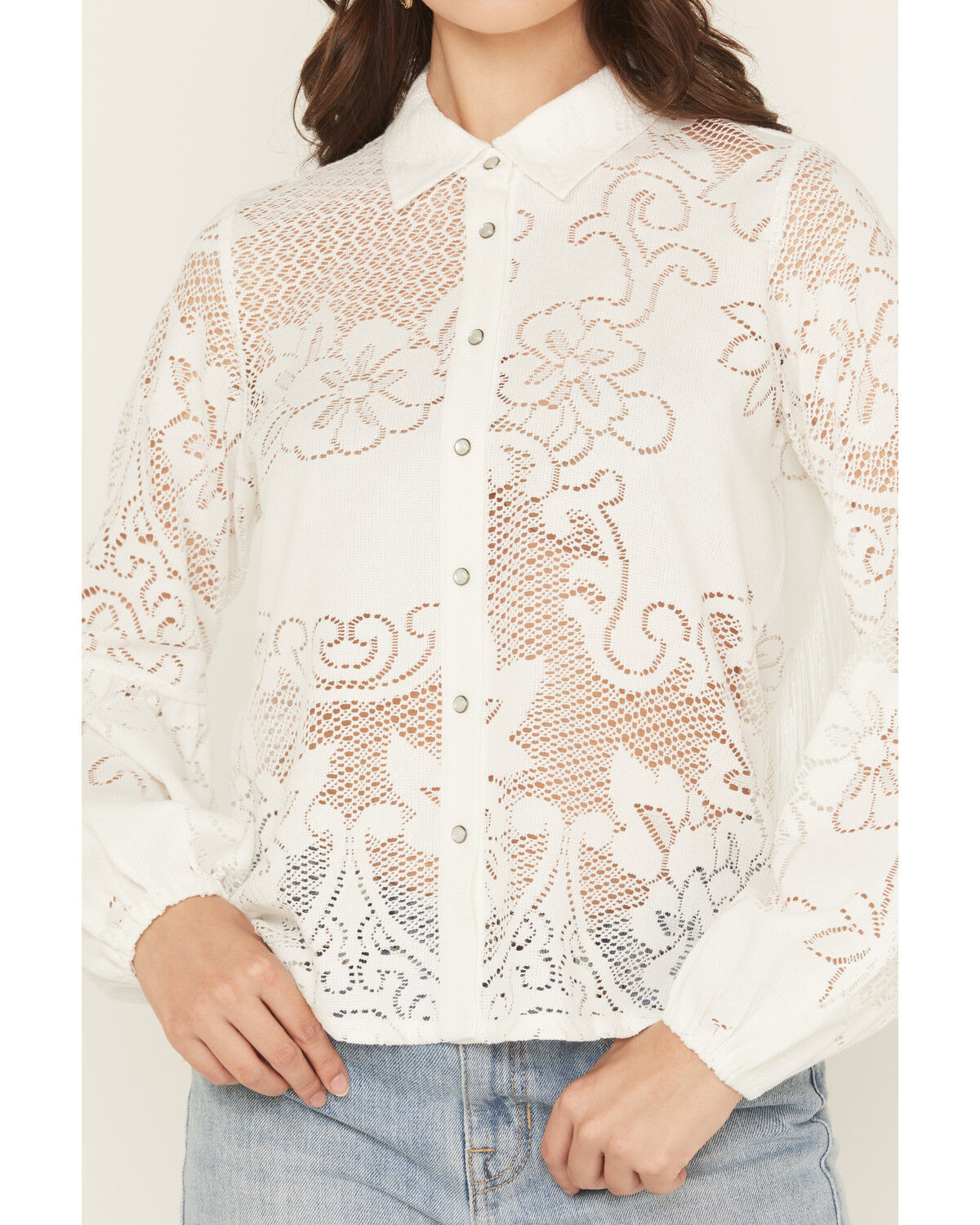 Image #3 - Shyanne Women's Fringe Long Sleeve Button-Down Lace Shirt, Ivory, hi-res