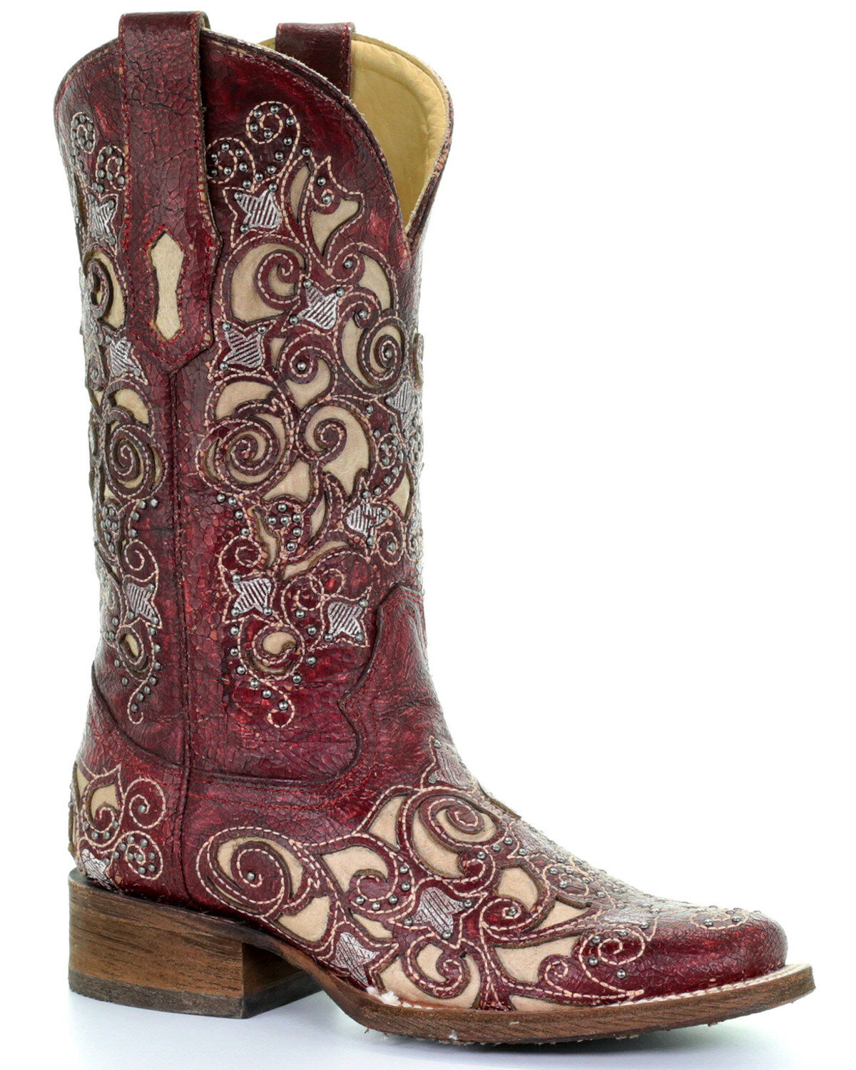 Image #1 - Corral Women's Red Embroidered Stud Inlay Cowgirl Boots - Square Toe, , hi-res