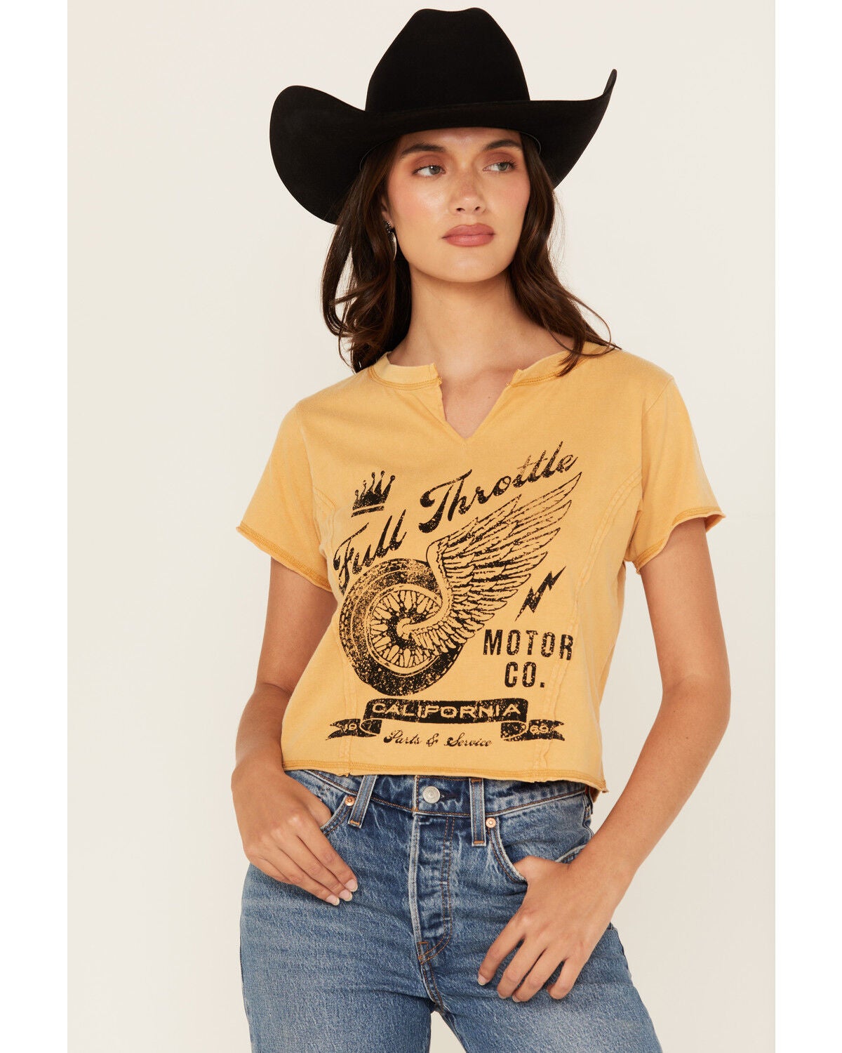 Cleo + Wolf Women's Baby Full Throttle Short Sleeve Cropped Graphic Tee, Dark Yellow, hi-res