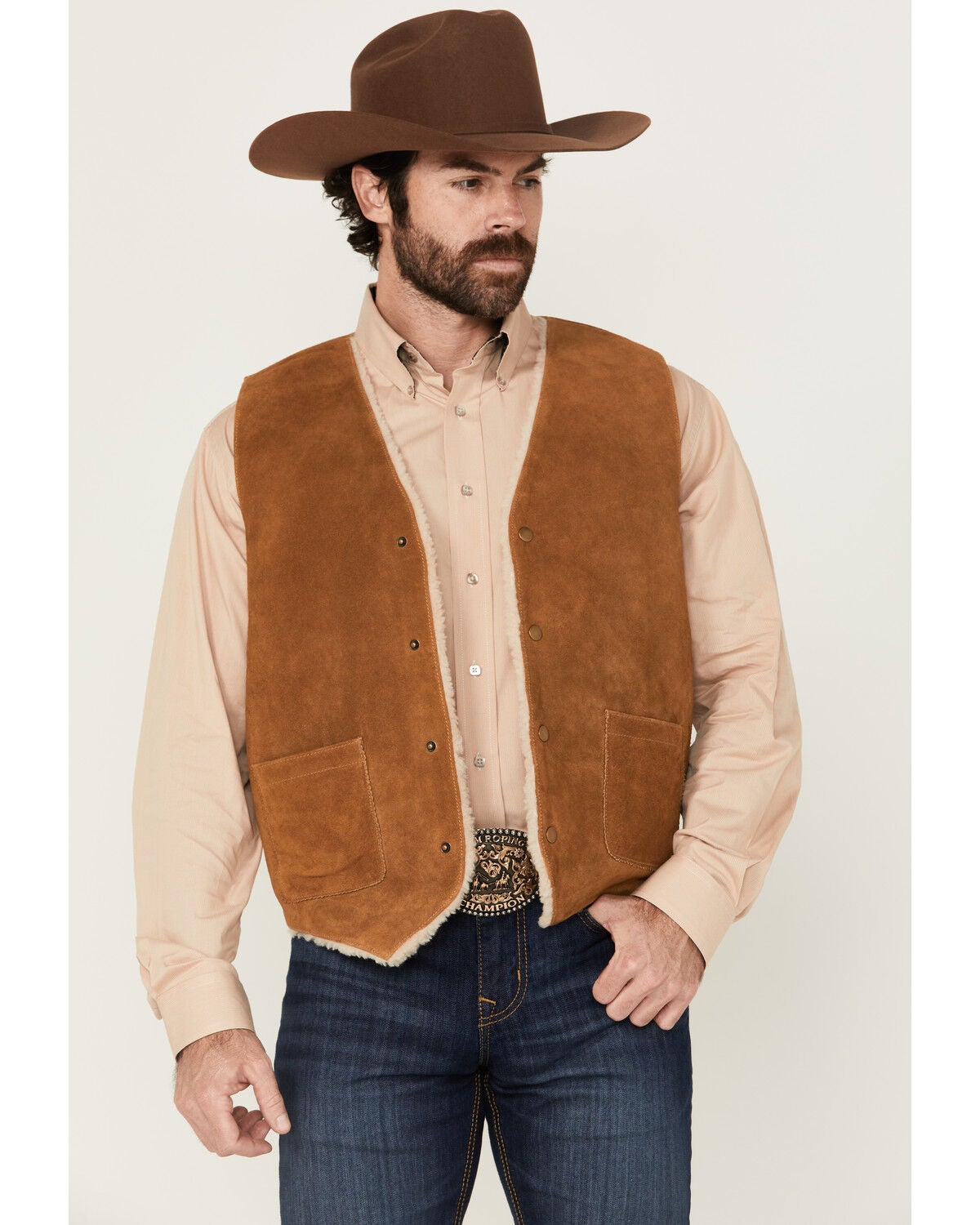 Cody James Men's Sherpa Lined Suede Snap Vest, Russett, hi-res