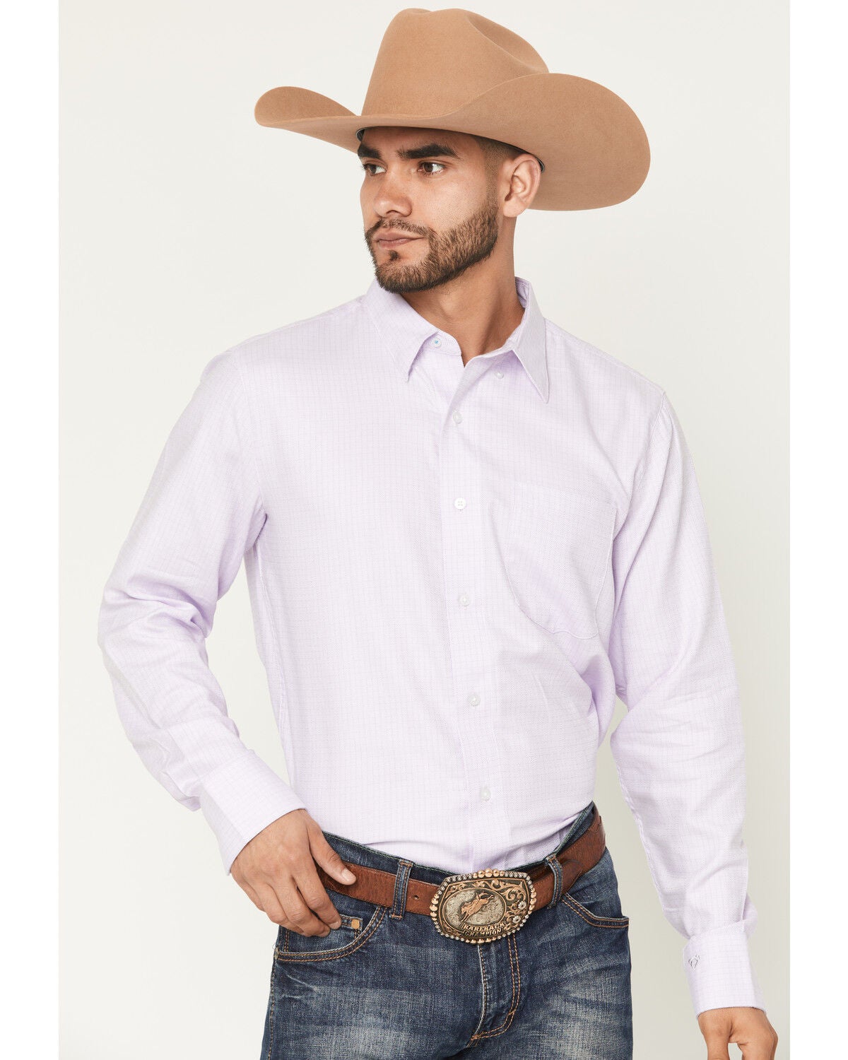 Wrangler X Cody Johnson Men's Geo Print Long Sleeve Button-Down Western Shirt, Light Purple, hi-res